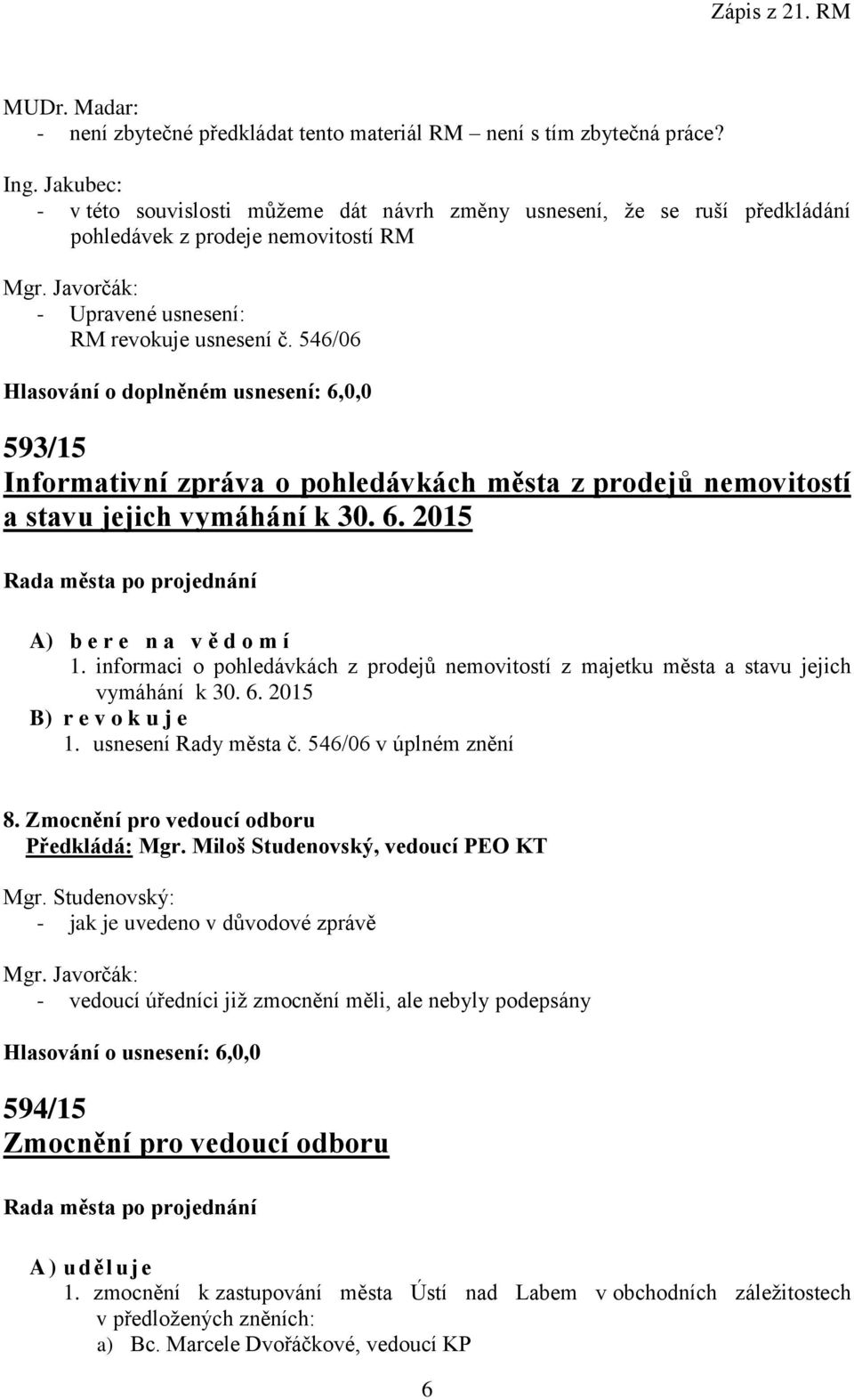 546/06 Hlasování o doplněném usnesení: 6,0,0 593/15 Informativní zpráva o pohledávkách města z prodejů nemovitostí a stavu jejich vymáhání k 30. 6. 2015 A) b e r e n a v ě d o m í 1.