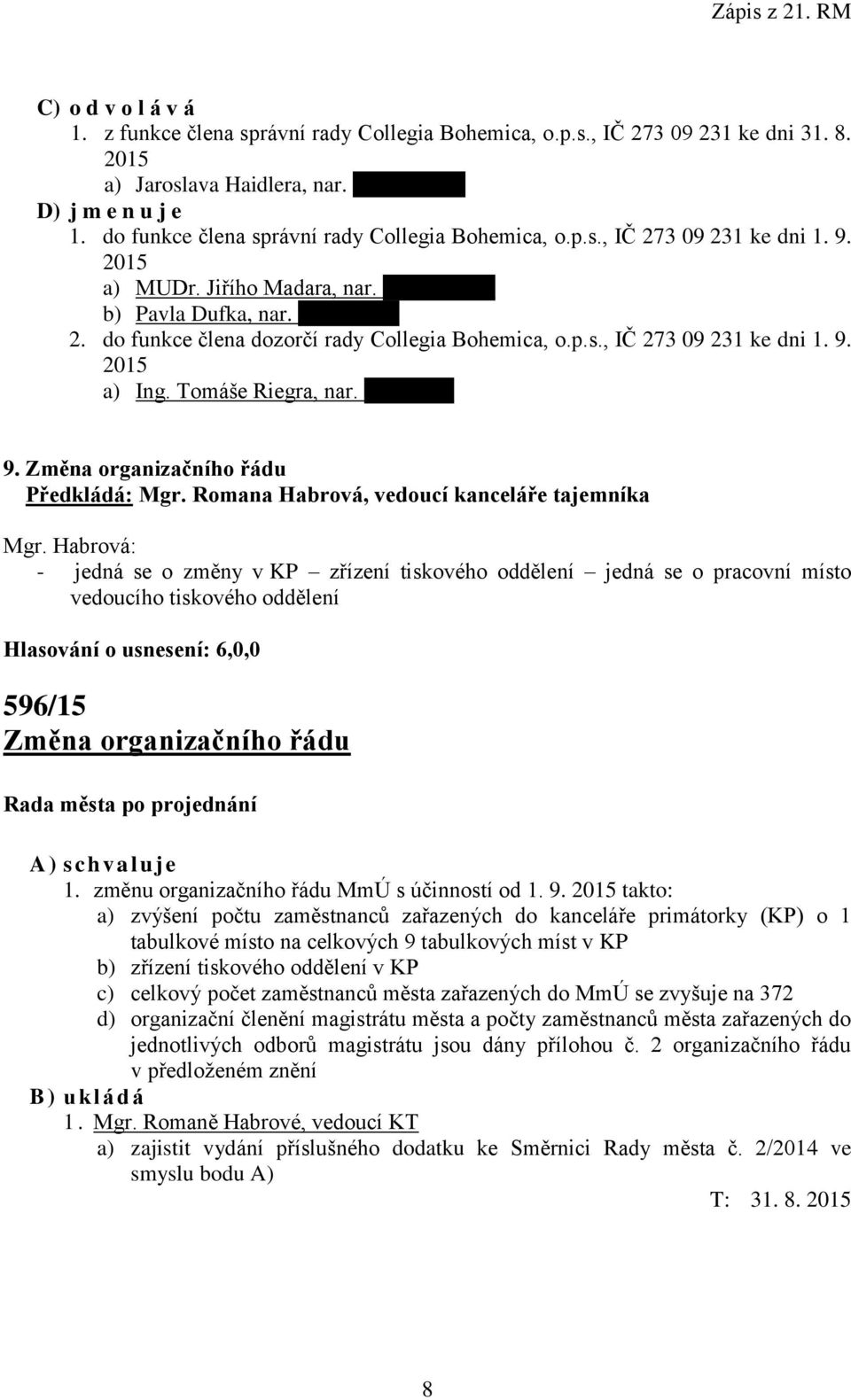 do funkce člena dozorčí rady Collegia Bohemica, o.p.s., IČ 273 09 231 ke dni 1. 9. 2015 a) Ing. Tomáše Riegra, nar. 6. 5. 1974 9. Změna organizačního řádu Předkládá: Mgr.