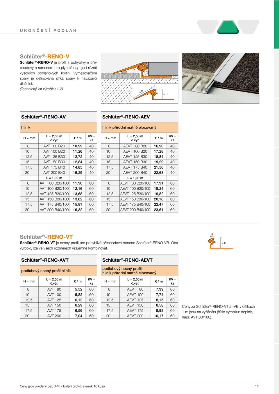 7) Schlüter -RENO-AV hliník 8 AVT 80 B20 10,99 40 10 AVT 100 B20 11,26 40 12,5 AVT 125 B30 12,72 40 15 AVT 150 B30 12,84 40 17,5 AVT 175 B40 14,85 40 20 AVT 200 B40 15,29 40 L = 1,00 m 8 AVT 80