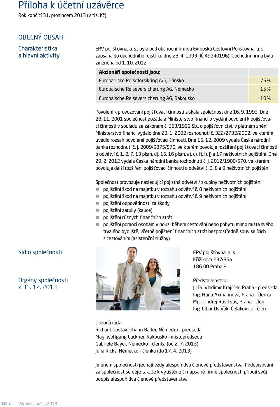 Akcionáři společnosti jsou: Europaeiske Rejseforsikring A/S, Dánsko 75 % Europäische Reiseversicherung AG, Německo 15 % Europäische Reiseversicherung AG, Rakousko 10 % Povolení k provozování