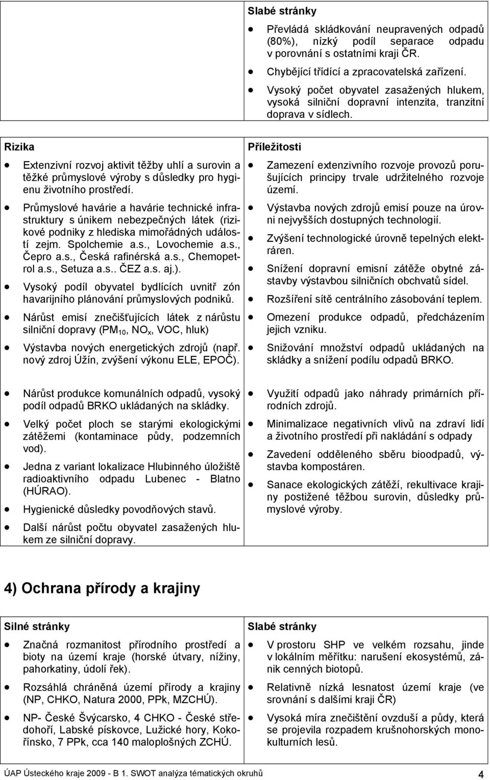 Rizika Příležitosti Extenzivní rozvoj aktivit těžby uhlí a surovin a těžké průmyslové výroby s důsledky pro hygienu životního prostředí.