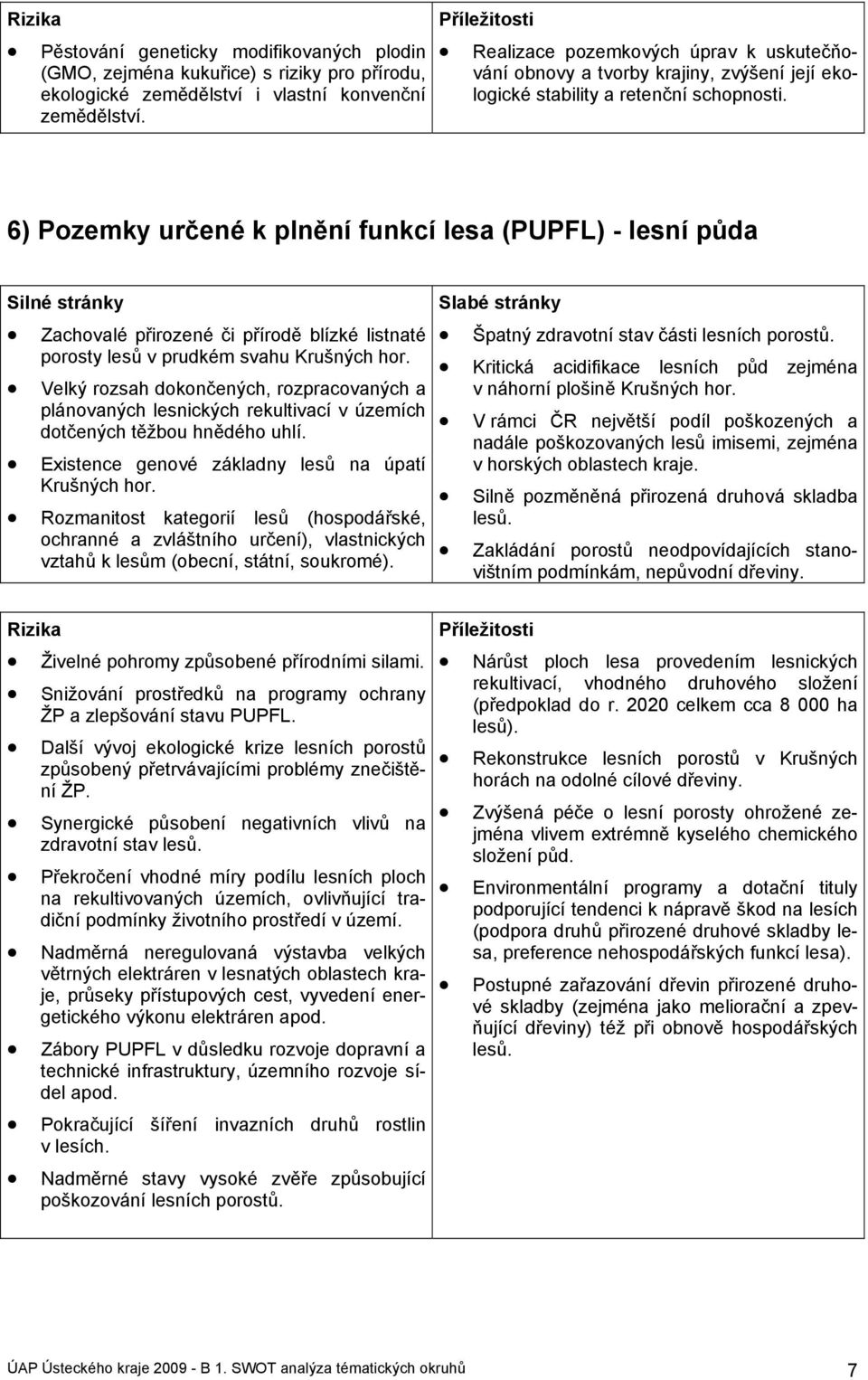 6) Pozemky určené k plnění funkcí lesa (PUPFL) - lesní půda Silné stránky Zachovalé přirozené či přírodě blízké listnaté porosty lesů v prudkém svahu Krušných hor.