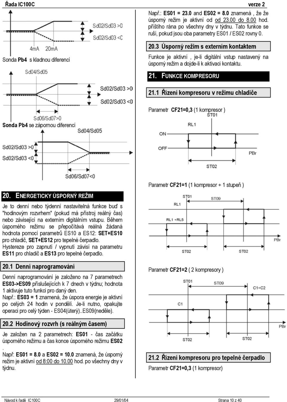 1 Řízení kompresoru v režimu chladiče Parametr CF21=,3 (1 kompresor ) Sonda Pb4 se zápornou diferencí Parametr CF21=1 (1 kompresor + 1 stupeň ) 2.