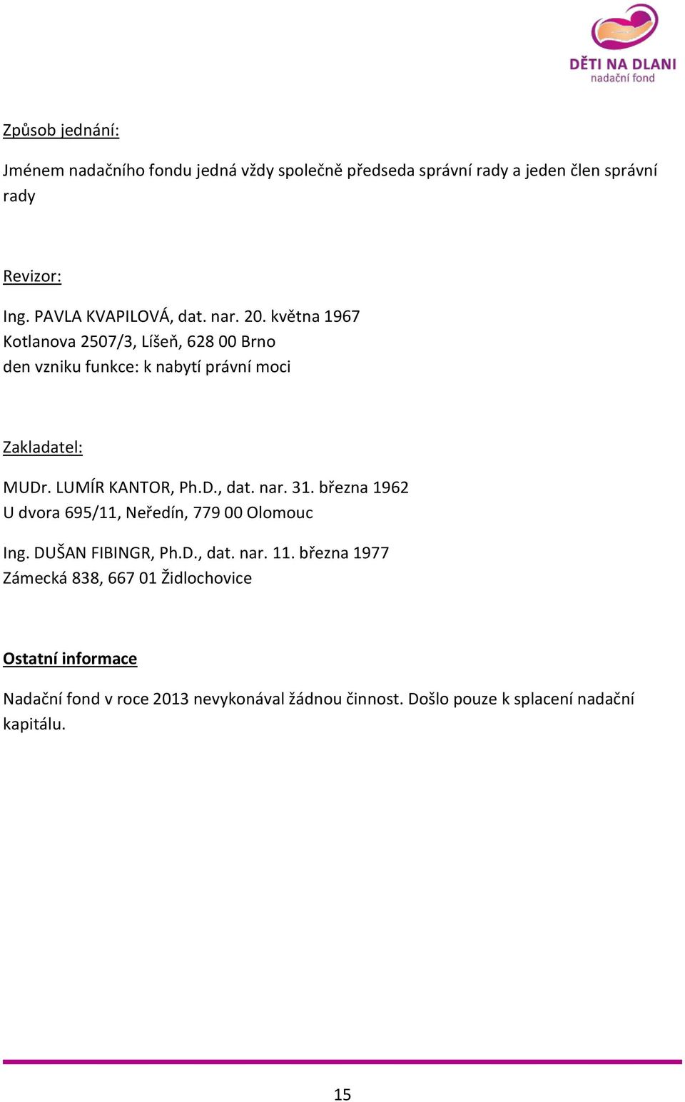 LUMÍR KANTOR, Ph.D., dat. nar. 31. března 1962 U dvora 695/11, Neředín, 779 00 Olomouc Ing. DUŠAN FIBINGR, Ph.D., dat. nar. 11.