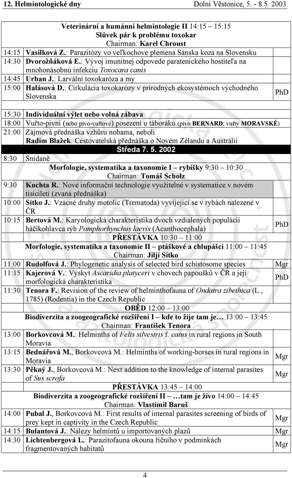 : Larvální toxokaróza a my 15:00 Halásová D.