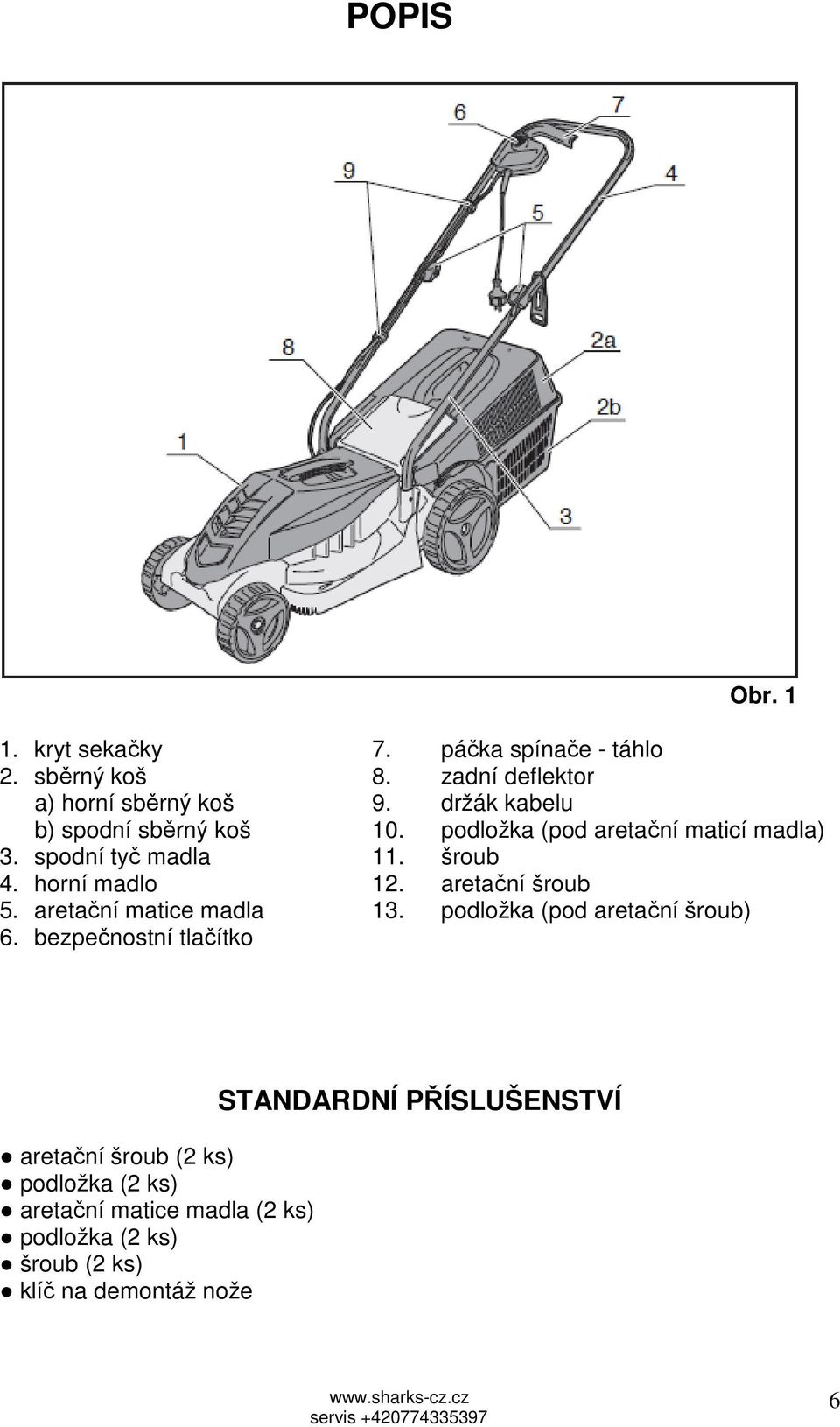 horní madlo 12. aretační šroub 5. aretační matice madla 13. podložka (pod aretační šroub) 6.