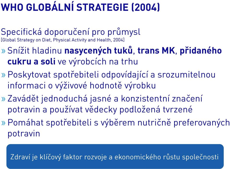 srozumitelnou informaci o výživové hodnotě výrobku» Zavádět jednoduchá jasné a konzistentní značení potravin a používat vědecky