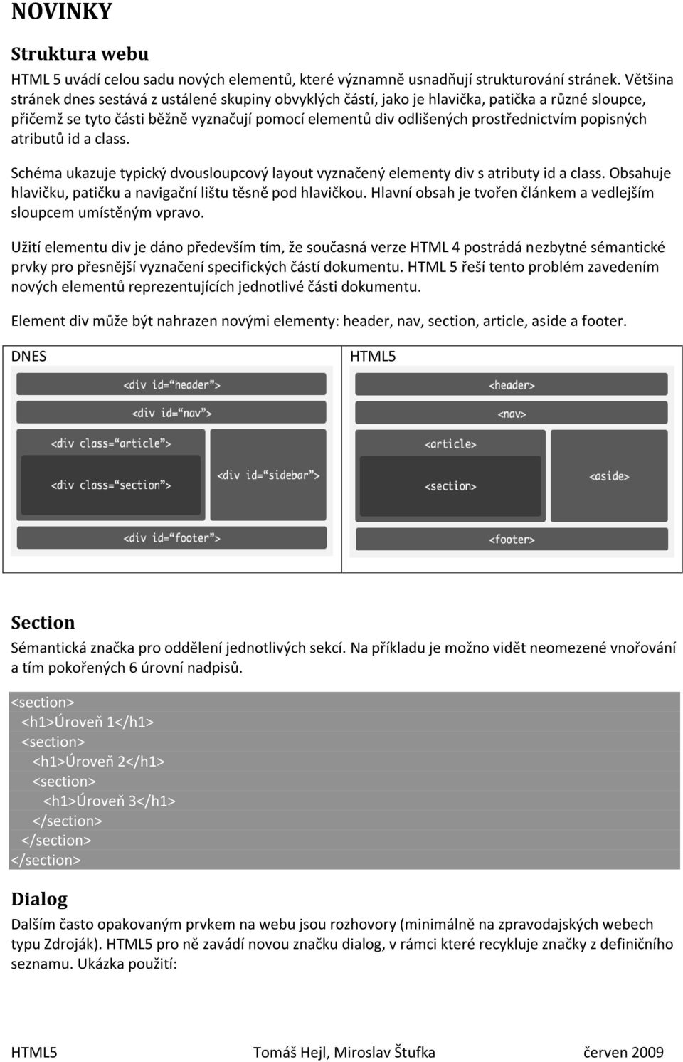 popisných atributů id a class. Schéma ukazuje typický dvousloupcový layout vyznačený elementy div s atributy id a class. Obsahuje hlavičku, patičku a navigační lištu těsně pod hlavičkou.