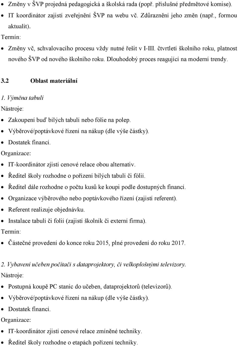 Výměna tabulí Zakoupení buď bílých tabulí nebo fólie na polep. Výběrové/poptávkové řízení na nákup (dle výše částky). Dostatek financí. IT-koordinátor zjistí cenové relace obou alternativ.