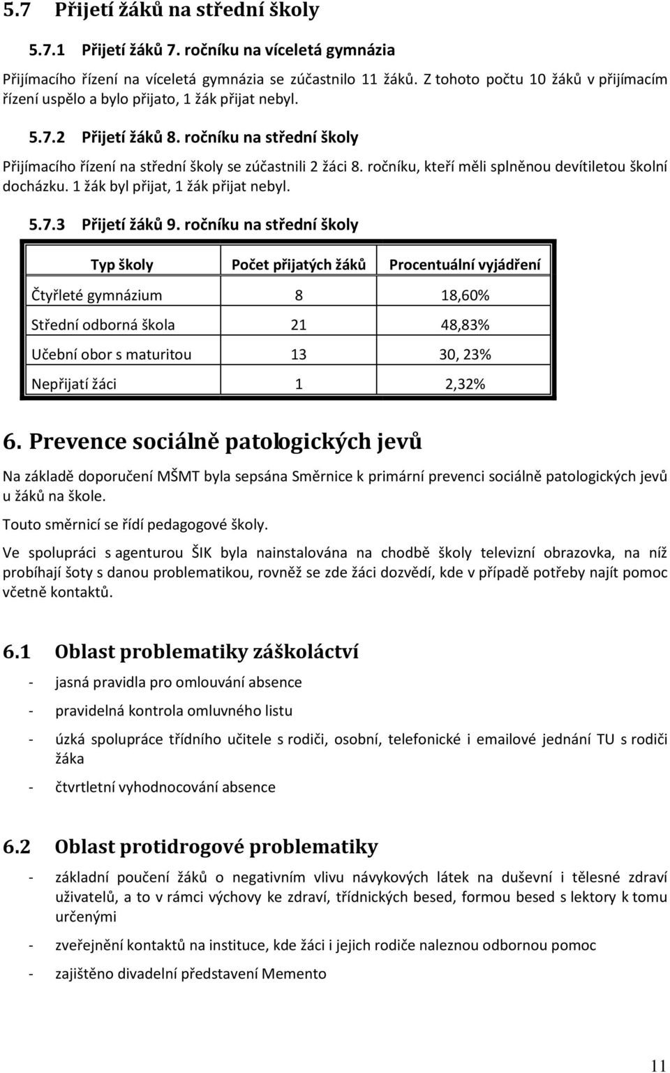 ročníku, kteří měli splněnou devítiletou školní docházku. 1 žák byl přijat, 1 žák přijat nebyl. 5.7.3 Přijetí žáků 9.