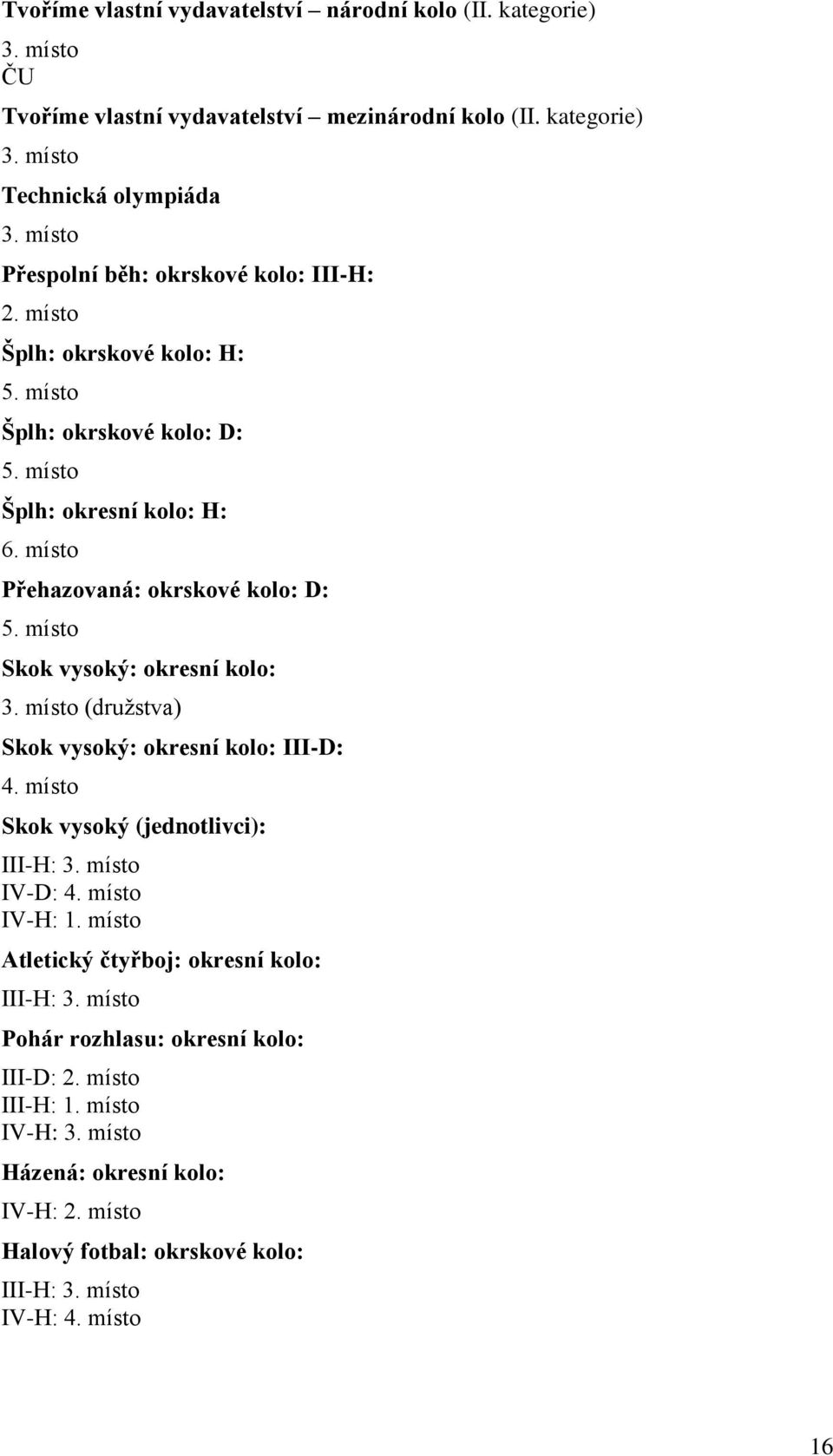 místo Skok vysoký: okresní kolo: 3. místo (družstva) Skok vysoký: okresní kolo: III-D: 4. místo Skok vysoký (jednotlivci): III-H: 3. místo IV-D: 4. místo IV-H: 1.