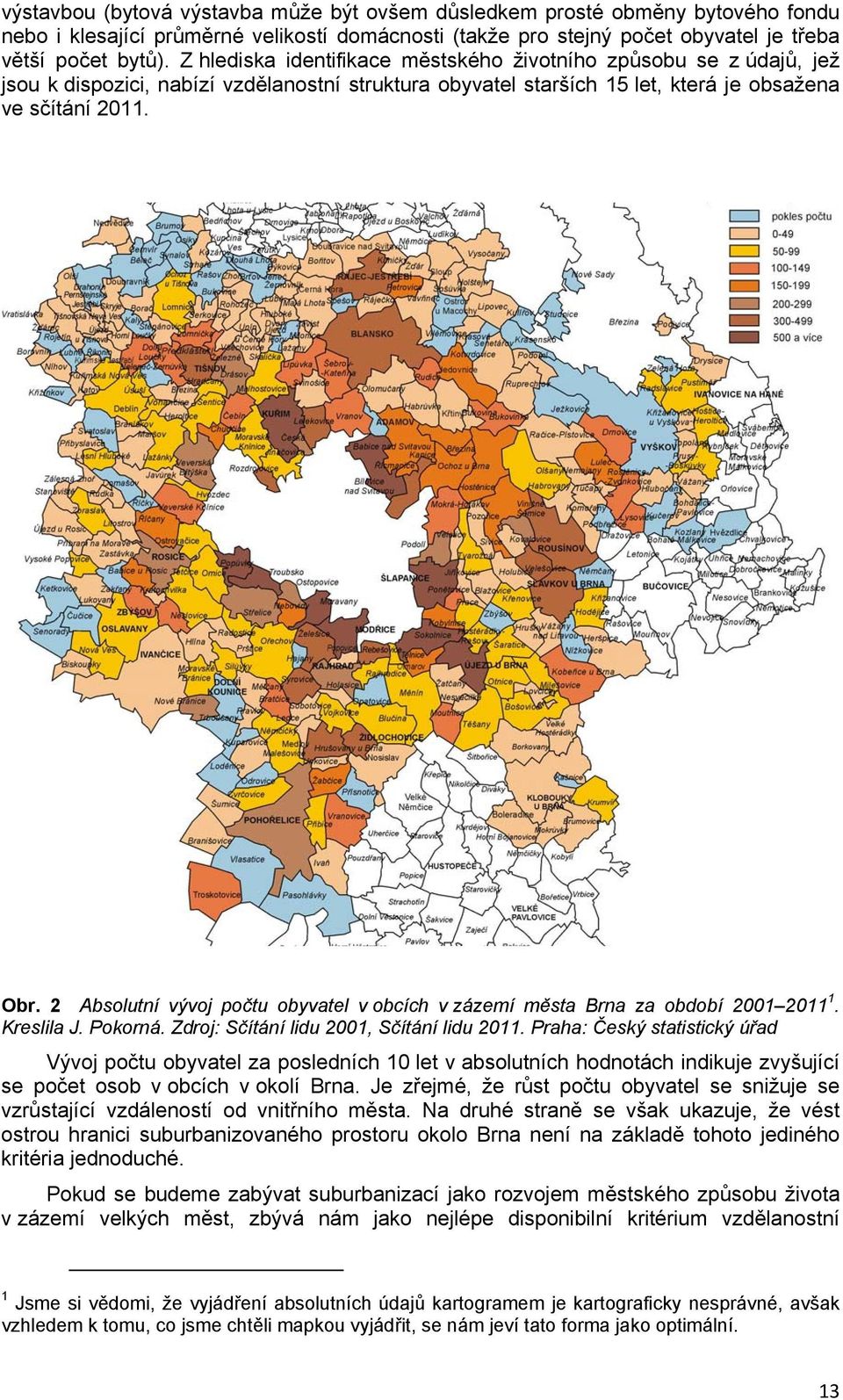 2 Absolutní vývoj počtu obyvatel v obcích v zázemí města Brna za období 2001 2011 1. Kreslila J. Pokorná. Zdroj: Sčítání lidu 2001, Sčítání lidu 2011.