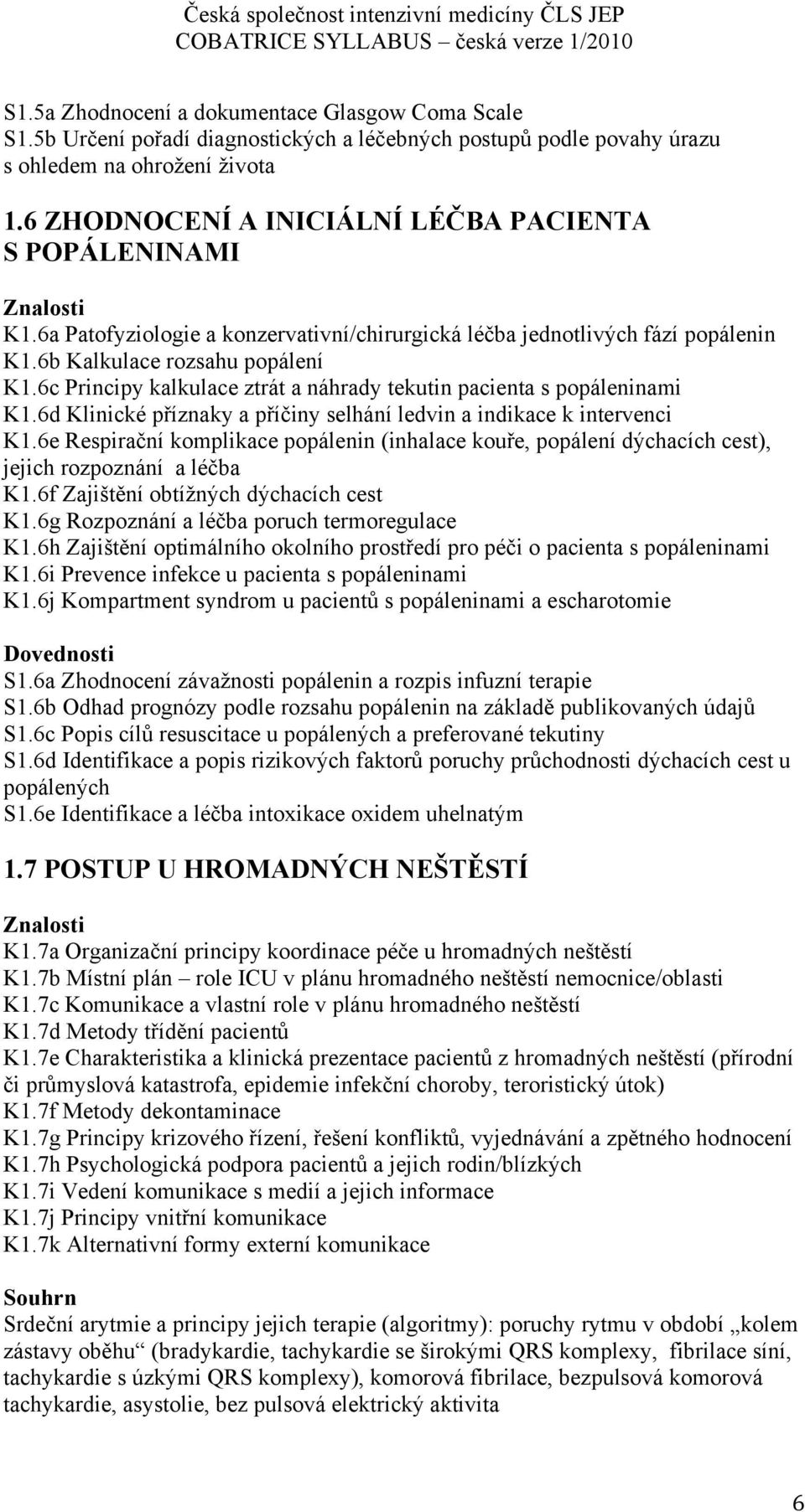 6c Principy kalkulace ztrát a náhrady tekutin pacienta s popáleninami K1.6d Klinické příznaky a příčiny selhání ledvin a indikace k intervenci K1.