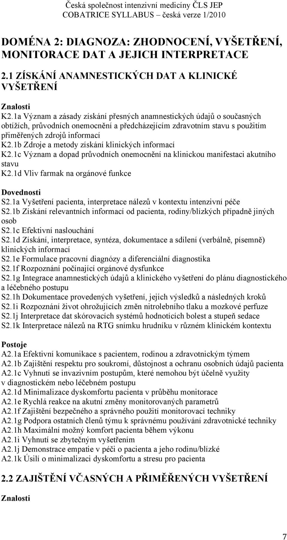 1b Zdroje a metody získání klinických informací K2.1c Význam a dopad průvodních onemocnění na klinickou manifestaci akutního stavu K2.1d Vliv farmak na orgánové funkce S2.