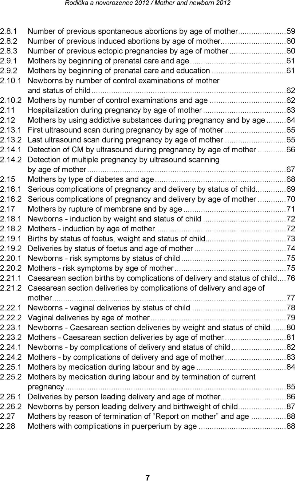 1 Newborns by number of control examinations of mother and status of child... 62 2.10.2 Mothers by number of control examinations and age... 62 2.11 Hospitalization during pregnancy by age of mother.