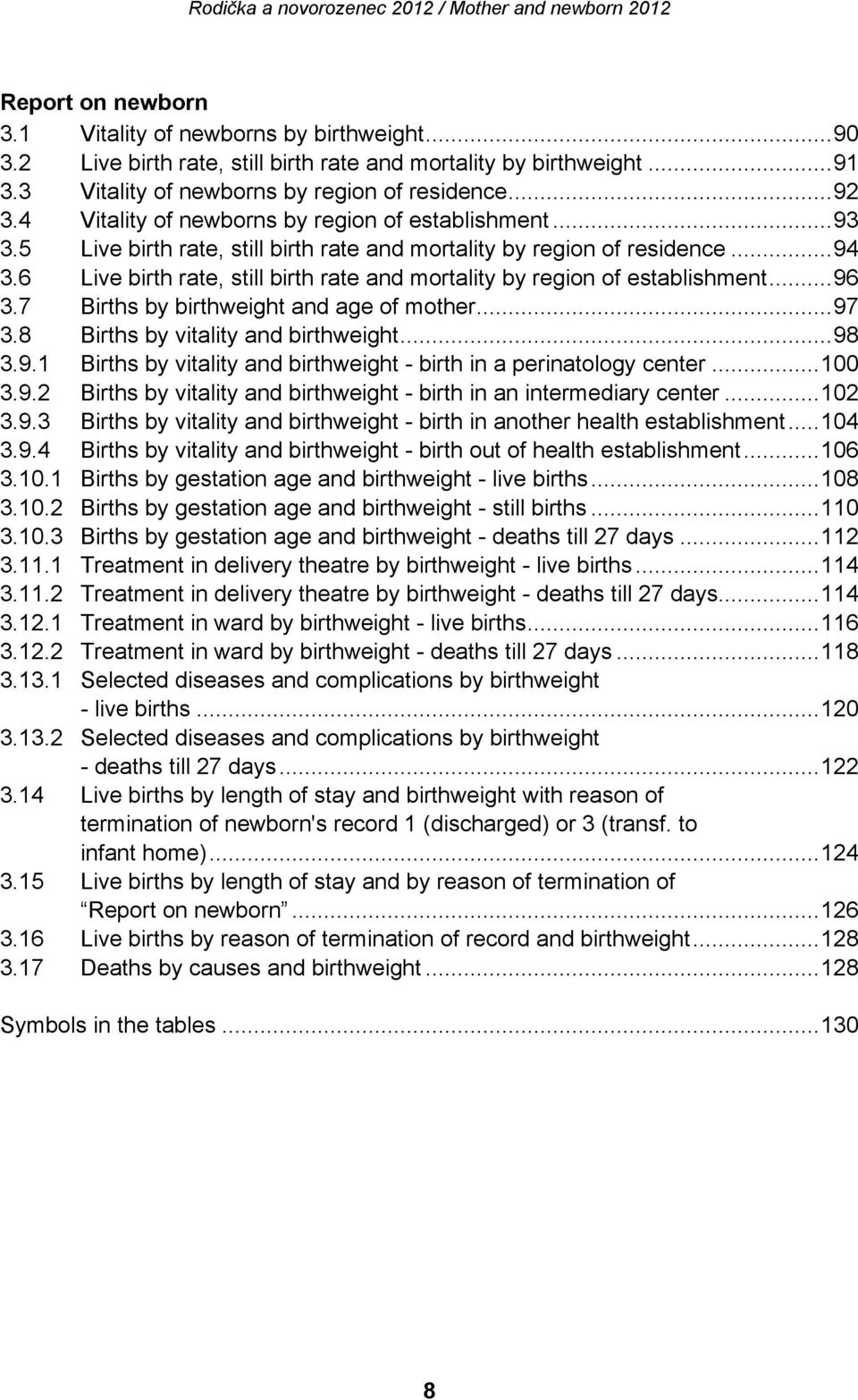 6 Live birth rate, still birth rate and mortality by region of establishment... 96 3.7 Births by birthweight and age of mother... 97 3.8 Births by vitality and birthweight... 98 3.9.1 Births by vitality and birthweight - birth in a perinatology center.