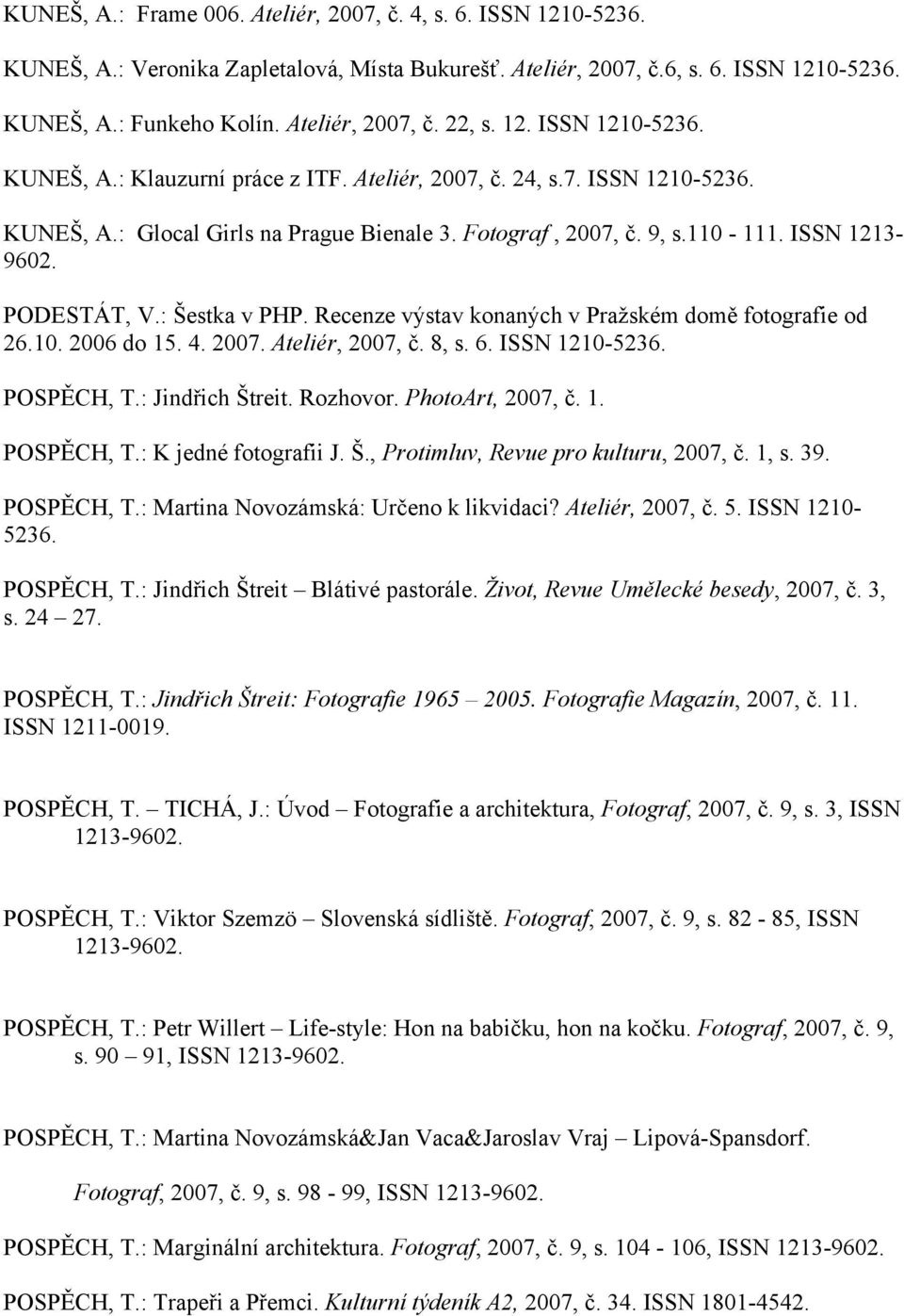 PODESTÁT, V.: Šestka v PHP. Recenze výstav konaných v Pražském domě fotografie od 26.10. 2006 do 15. 4. 2007. Ateliér, 2007, č. 8, s. 6. ISSN 1210-5236. POSPĚCH, T.: Jindřich Štreit. Rozhovor.