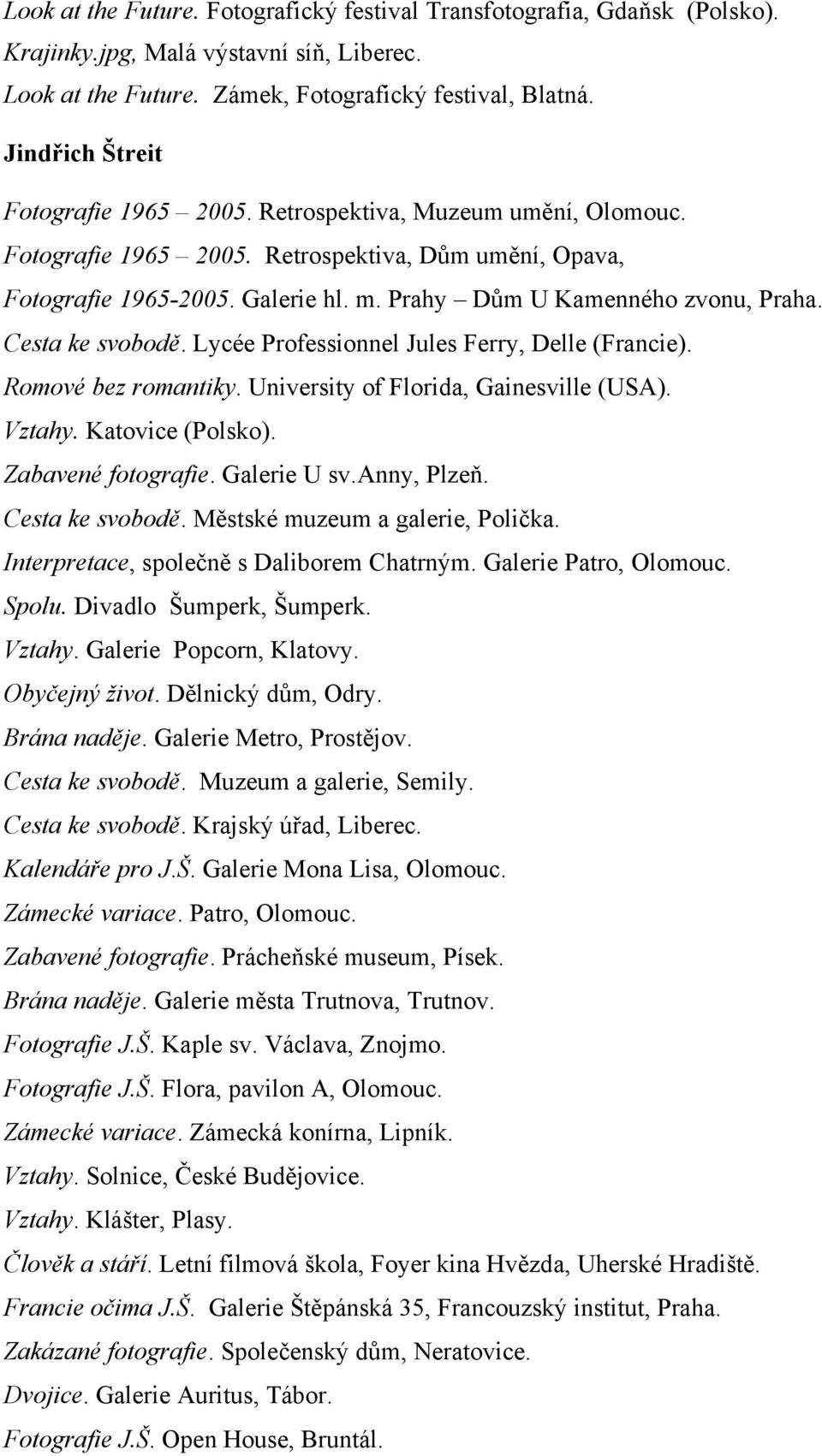 Prahy Dům U Kamenného zvonu, Praha. Cesta ke svobodě. Lycée Professionnel Jules Ferry, Delle (Francie). Romové bez romantiky. University of Florida, Gainesville (USA). Vztahy. Katovice (Polsko).