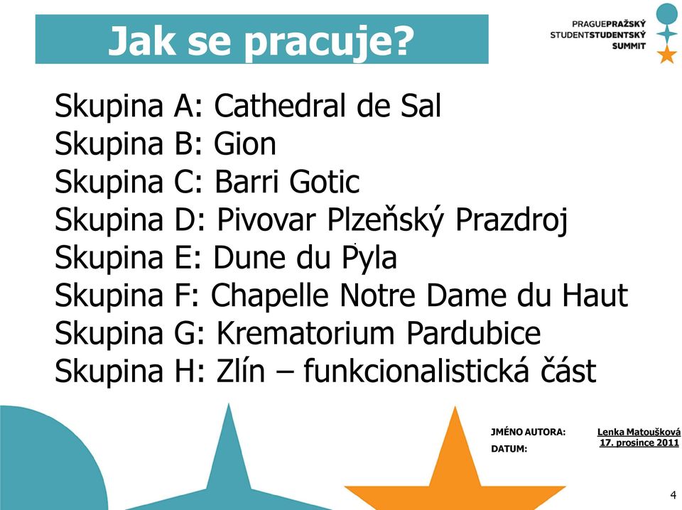 Skupina D: Pivovar Plzeňský Prazdroj Skupina E: Dune du Pyla Skupina