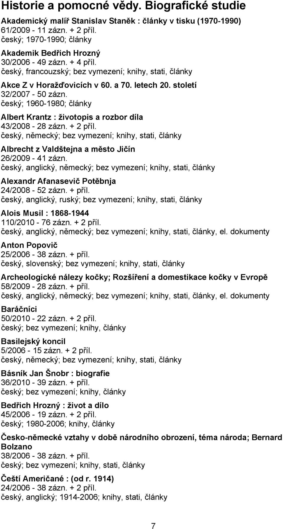 český; 1960-1980; články Albert Krantz : životopis a rozbor díla 43/2008-28 zázn. + 2 příl. český, německý; bez vymezení; knihy, stati, články Albrecht z Valdštejna a město Jičín 26/2009-41 zázn.