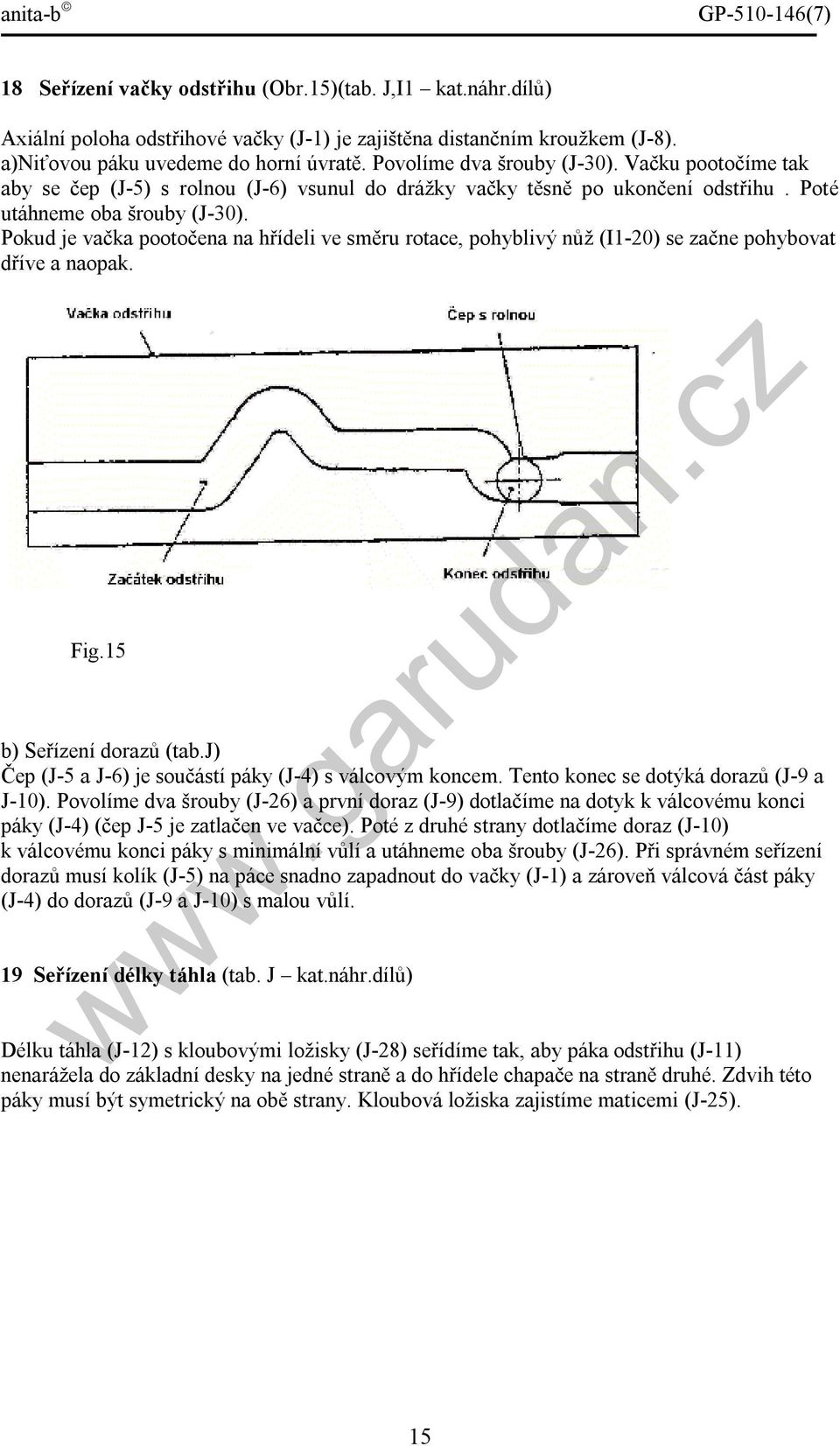 Pokud je vačka pootočena na hřídeli ve směru rotace, pohyblivý nůž (I1-20) se začne pohybovat dříve a naopak. Fig.15 b) Seřízení dorazů (tab.