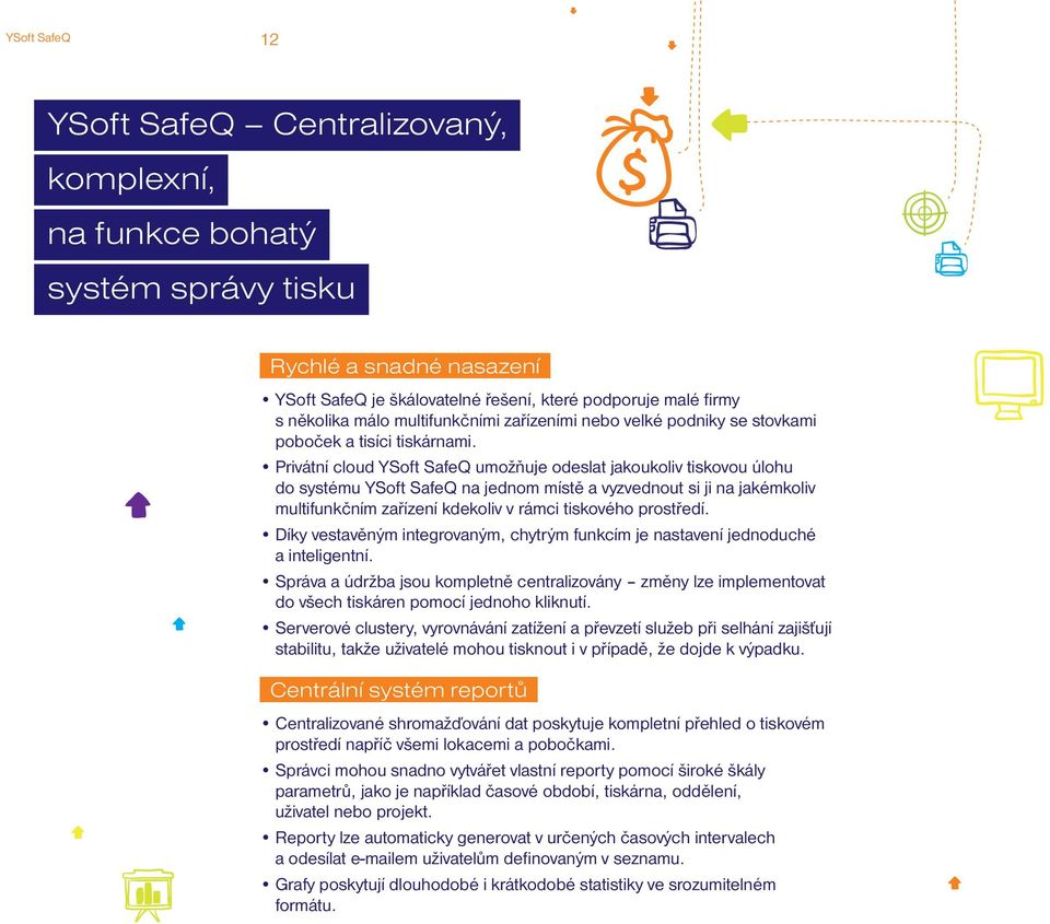 Privátní cloud YSoft SafeQ umožňuje odeslat jakoukoliv tiskovou úlohu do systému YSoft SafeQ na jednom místě a vyzvednout si ji na jakémkoliv multifunkčním zařízení kdekoliv v rámci tiskového