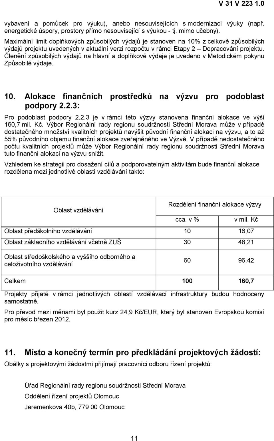 Členění způsobilých výdajů na hlavní a doplňkové výdaje je uvedeno v Metodickém pokynu Způsobilé výdaje. 10. Alokace finančních prostředků na výzvu pro podoblast podpory 2.2.3: Pro podoblast podpory 2.