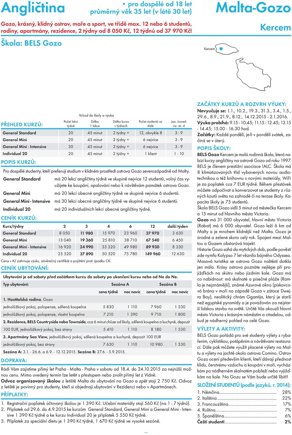 minut 2 týdny + 6 nejvíce 3-9 Individual 20 20 45 minut 2 týdny + 1 klient 1-10 Pro dospělé studenty, kteří preferují studium v klidném prostředí ostrova Gozo severozápadně od Malty.