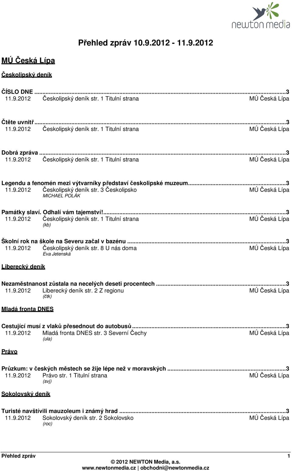Odhalí vám tajemství!...3 11.9.2012 Českolipský deník str. 1 Titulní strana MÚ Česká Lípa (kb) Školní rok na škole na Severu začal v bazénu...3 11.9.2012 Českolipský deník str. 8 U nás doma MÚ Česká Lípa Eva Jetenská Liberecký deník Nezaměstnanost zůstala na necelých deseti procentech.