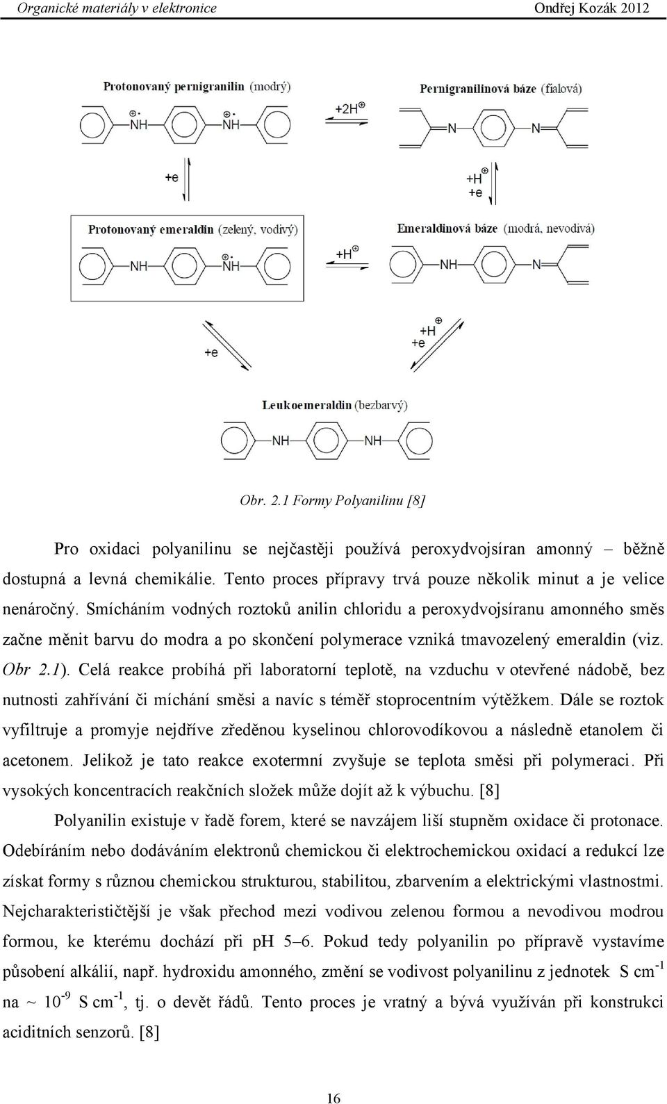 Smícháním vodných roztoků anilin chloridu a peroxydvojsíranu amonného směs začne měnit barvu do modra a po skončení polymerace vzniká tmavozelený emeraldin (viz. Obr 2.1).