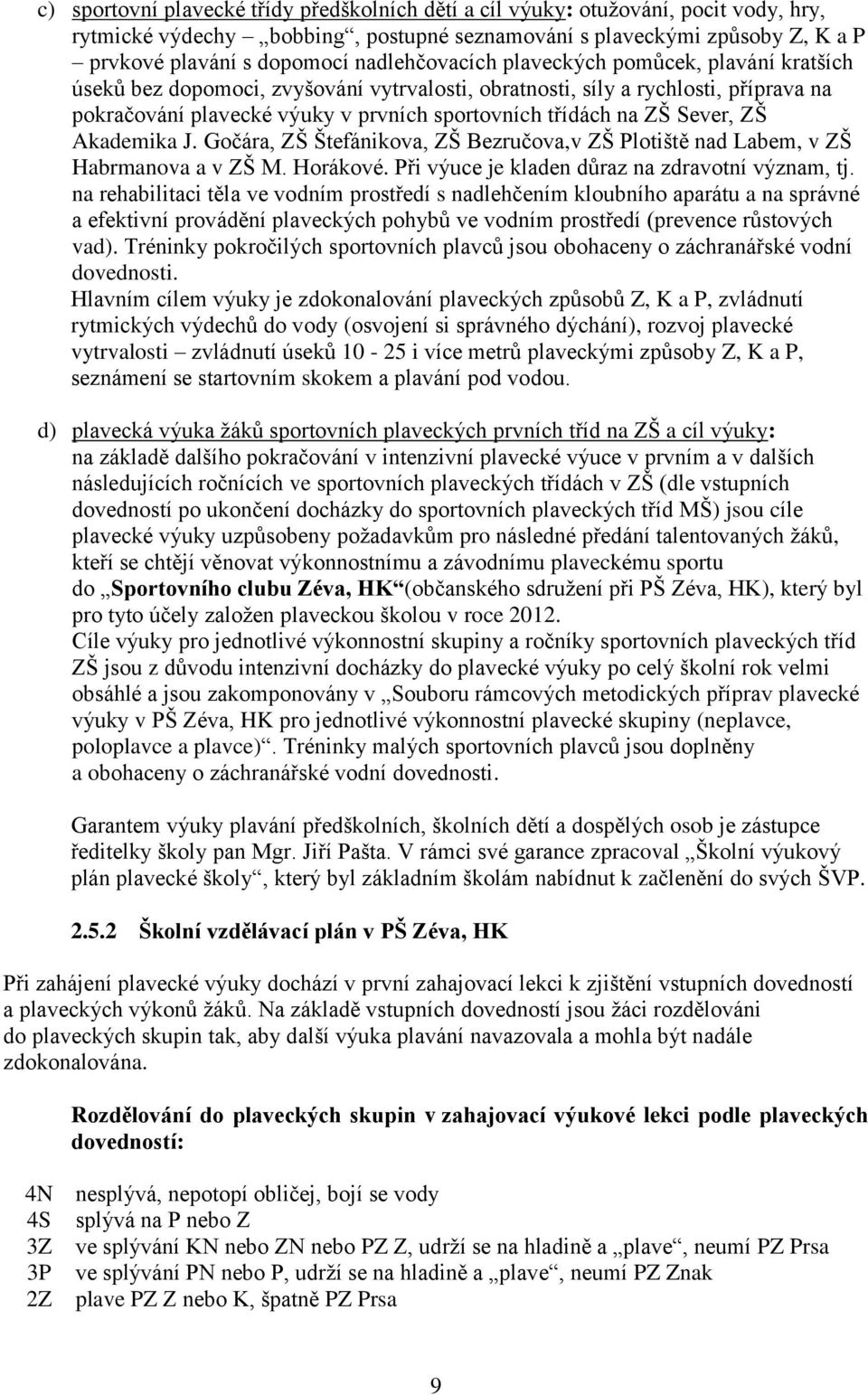 Sever, ZŠ Akademika J. Gočára, ZŠ Štefánikova, ZŠ Bezručova,v ZŠ Plotiště nad Labem, v ZŠ Habrmanova a v ZŠ M. Horákové. Při výuce je kladen důraz na zdravotní význam, tj.