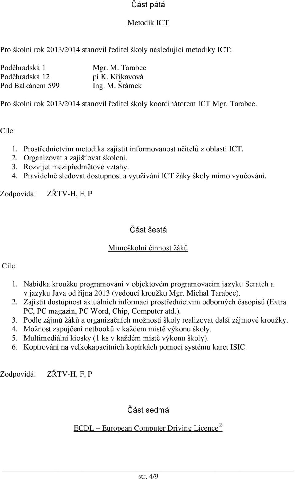 Pravidelně sledovat dostupnost a využívání ICT žáky školy mimo vyučování. ZŘTV-H, F, P Část šestá Mimoškolní činnost žáků 1.