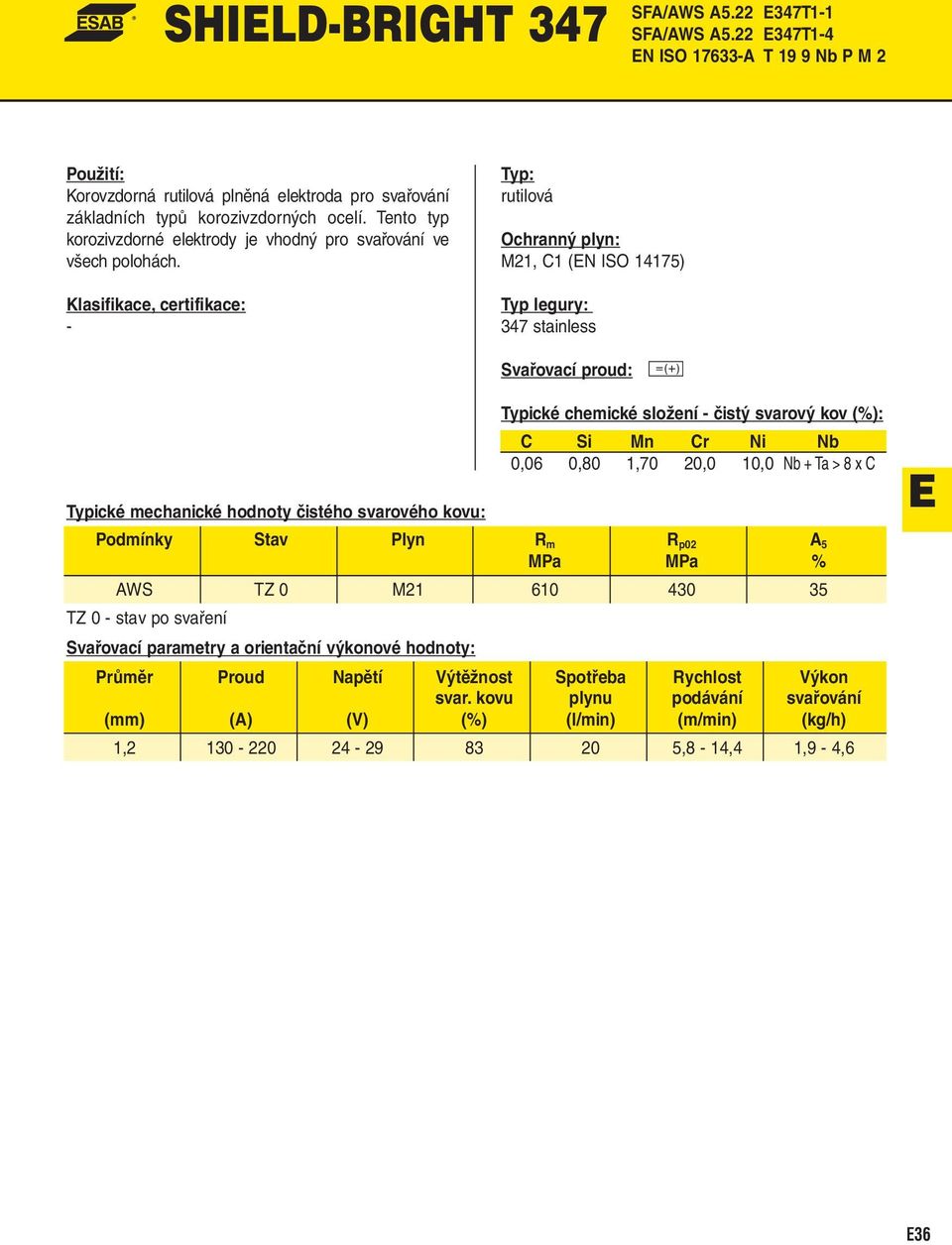 Tento typ korozivzdorné elektrody je vhodný pro svařování ve všech polohách.