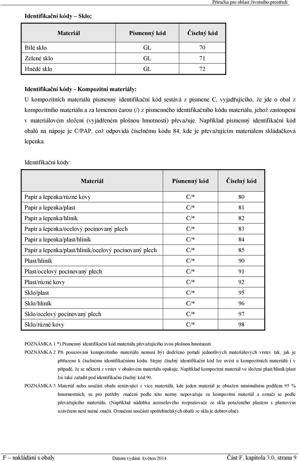 složení (vyjádřeném plošnou hmotností) převažuje. Například písmenný identifikační kód obalů na nápoje je C/PAP, což odpovídá číselnému kódu 84, kde je převažujícím materiálem skládačková lepenka.