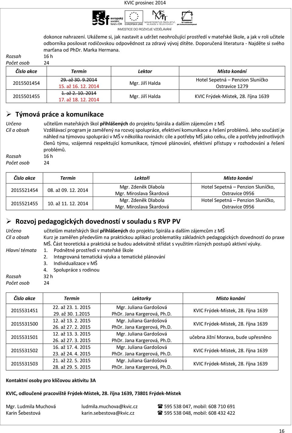 10. 2014 17. až 18. 12. 2014 Týmová práce a komunikace Mgr. Jiří Halda Hotel Sepetná Penzion Sluníčko Ostravice 1279 Mgr. Jiří Halda KVIC Frýdek-Místek, 28.