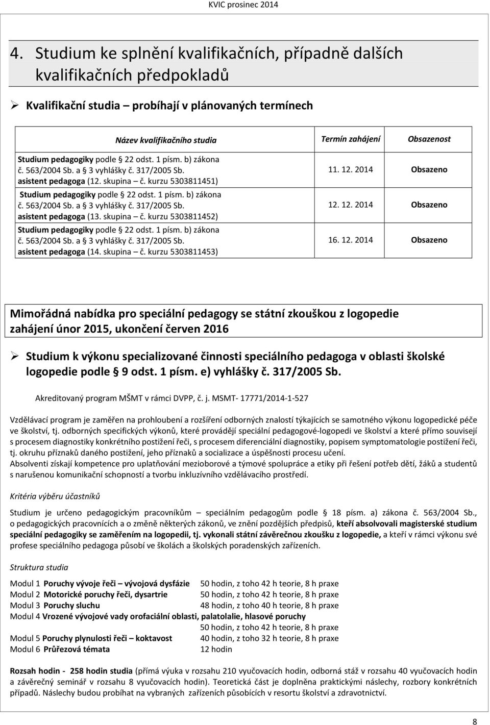 skupina č. kurzu 5303811452) Studium pedagogiky podle 22 odst. 1 písm. b) zákona č. 563/2004 Sb. a 3 vyhlášky č. 317/2005 Sb. asistent pedagoga (14. skupina č. kurzu 5303811453) 11. 12.