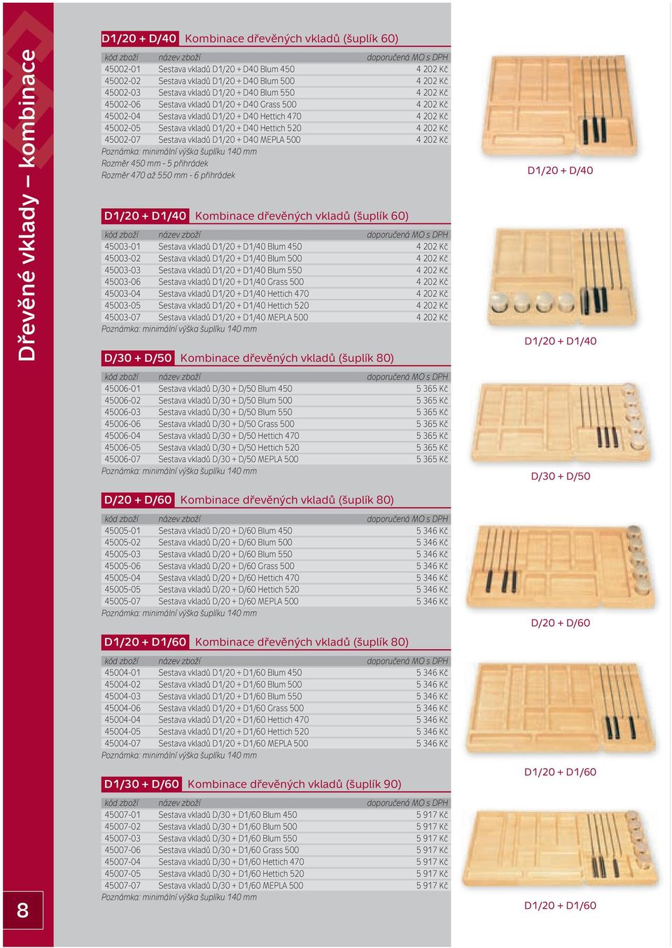 Hettich 520 4 202 Kč 45002-07 Sestava vkladů D1/20 + D40 MEPLA 500 4 202 Kč Rozměr 450 mm - 5 přihrádek Rozměr 470 až 550 mm - 6 přihrádek D1/20 + D1/40 Kombinace dřevěných vkladů (šuplík 60)