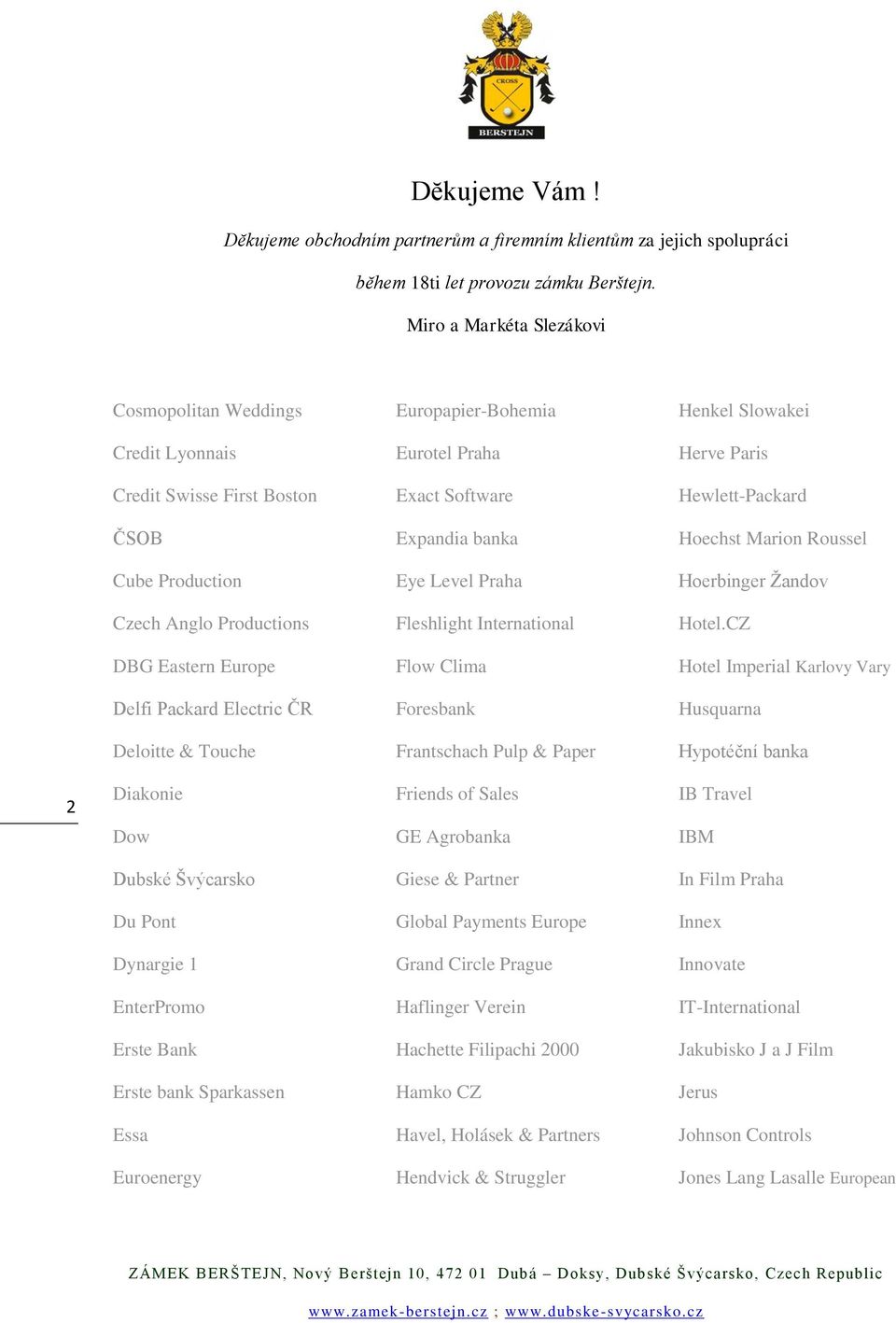 CZ DBG Eastern Europe Flow Clima Hotel Imperial Karlovy Vary Delfi Packard Electric ČR Foresbank Husquarna Deloitte & Touche Frantschach Pulp & Paper Hypotéční banka 2 Diakonie Friends of Sales IB