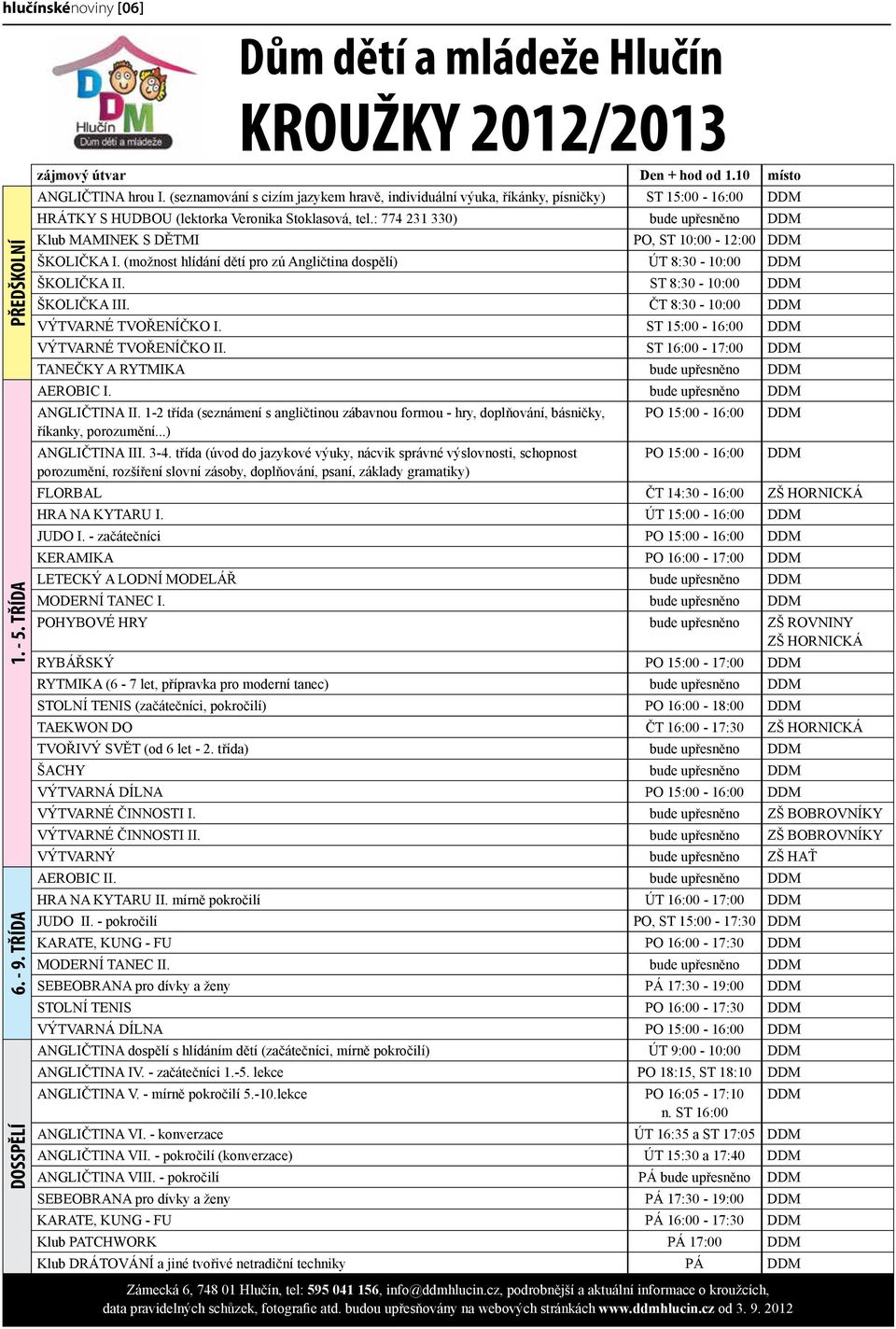 : 774 231 330) bude upřesněno DDM Klub MAMINEK S DĚTMI PO, ST 10:00-12:00 DDM ŠKOLIČKA I. (možnost hlídání dětí pro zú Angličtina dospělí) ÚT 8:30-10:00 DDM ŠKOLIČKA II.