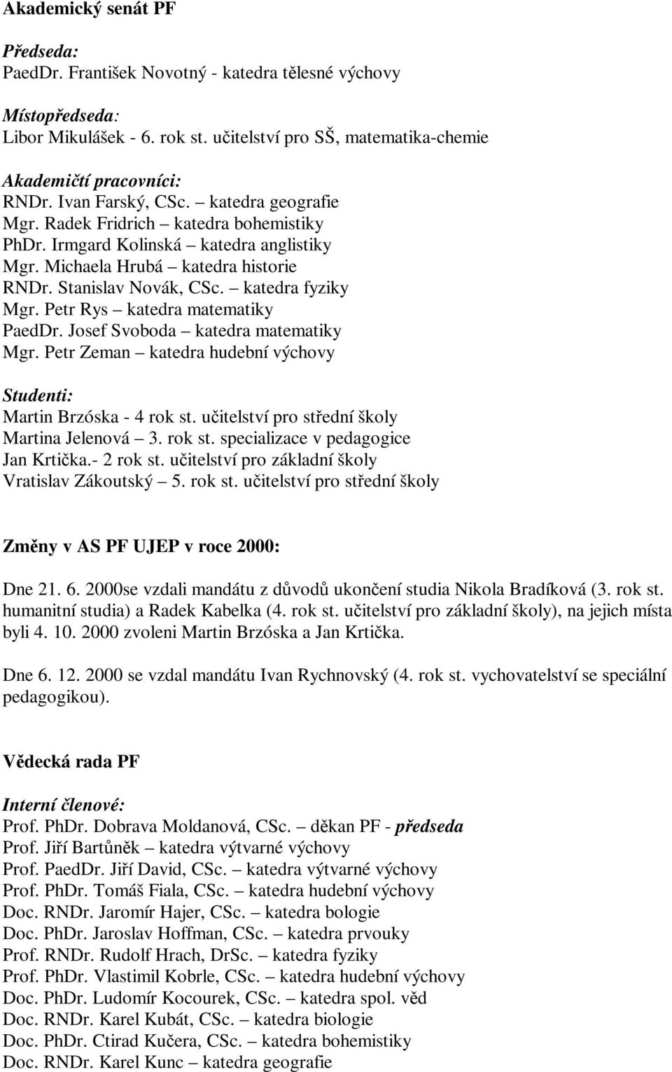 katedra fyziky Mgr. Petr Rys katedra matematiky PaedDr. Josef Svoboda katedra matematiky Mgr. Petr Zeman katedra hudební výchovy Studenti: Martin Brzóska - 4 rok st.