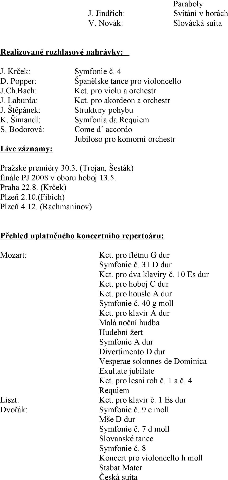 Bodorová: Come d accordo Jubiloso pro komorní orchestr Live záznamy: Pražské premiéry 30.3. (Trojan, Šesták) finále PJ 2008 v oboru hoboj 13.5. Praha 22.8. (Krček) Plzeň 2.10.(Fibich) Plzeň 4.12.