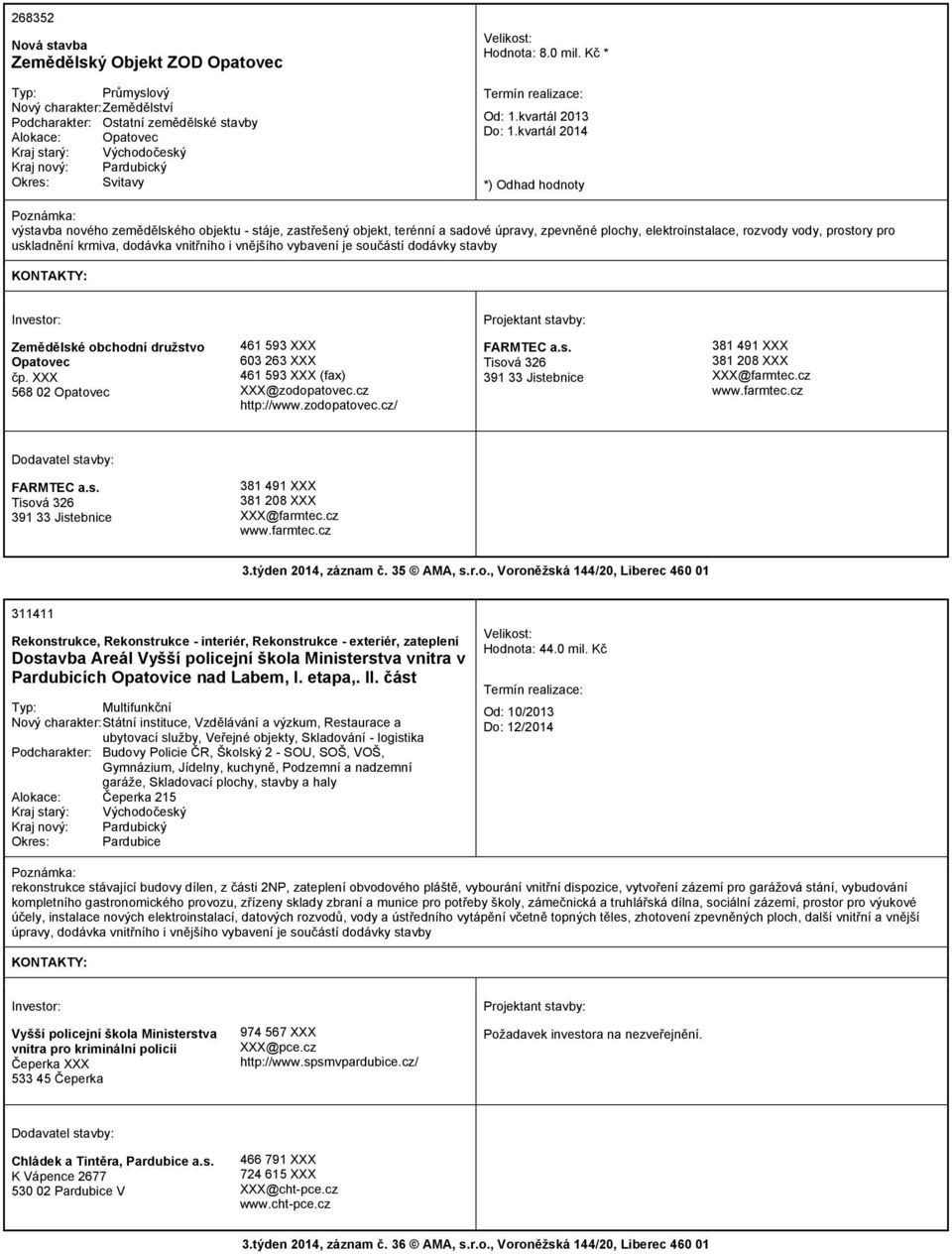 kvartál 2014 výstavba nového zemědělského objektu - stáje, zastřešený objekt, terénní a sadové úpravy, zpevněné plochy, elektroinstalace, rozvody vody, prostory pro uskladnění krmiva, dodávka