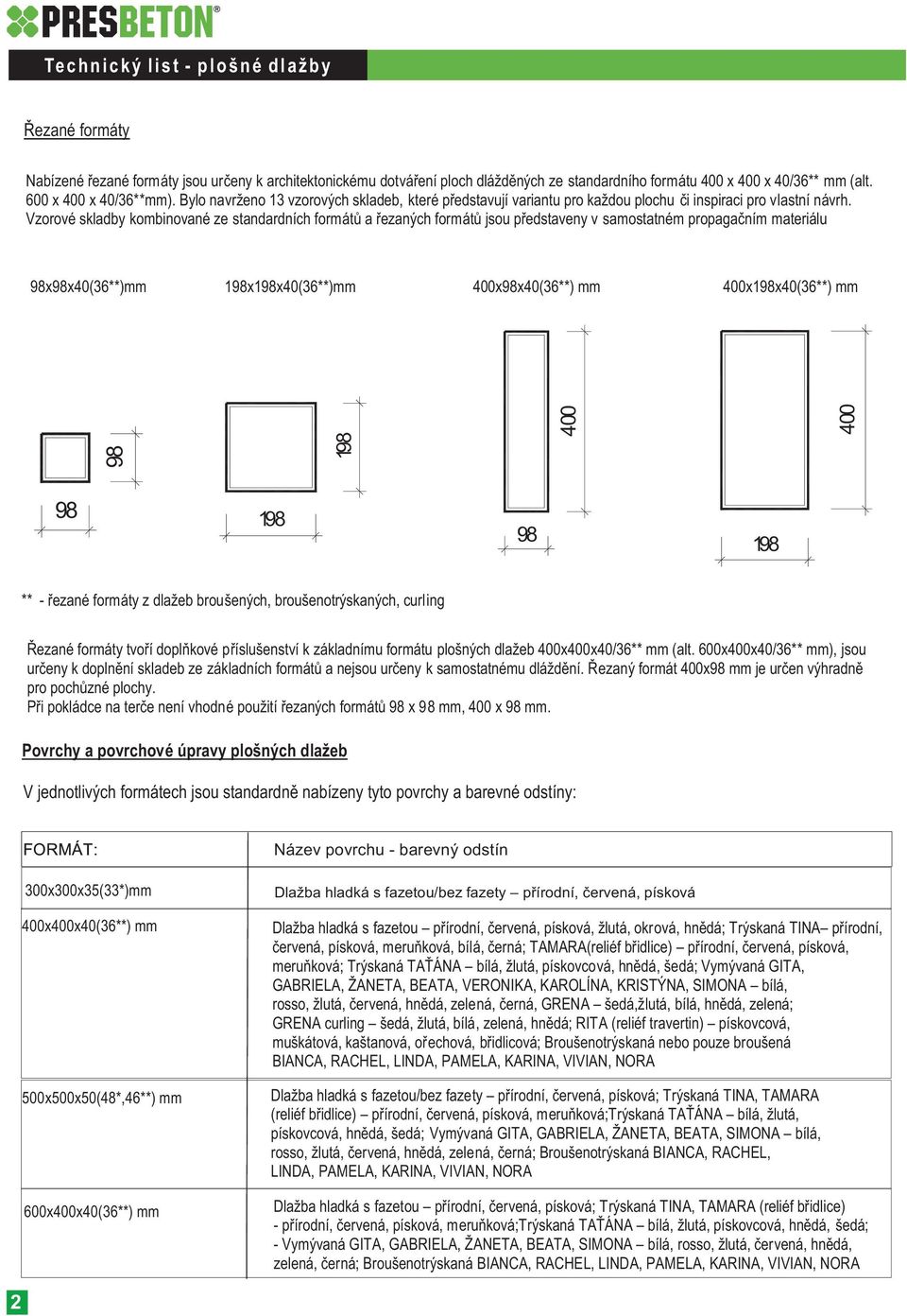 Vzorové skladby kombinované ze standardních formátù a øezaných formátù jsou pøedstaveny v samostatném propagaèním materiálu 98x98x40(36**)mm 198x198x40(36**)mm 400x98x40(36**) mm 400x198x40(36**) mm