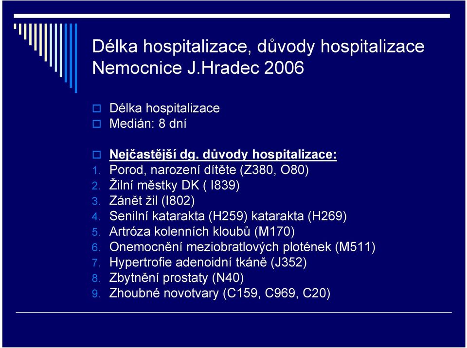 Porod, narození dítěte (Z380, O80) 2. Žilní městky DK ( I839) 3. Zánět žil (I802) 4.