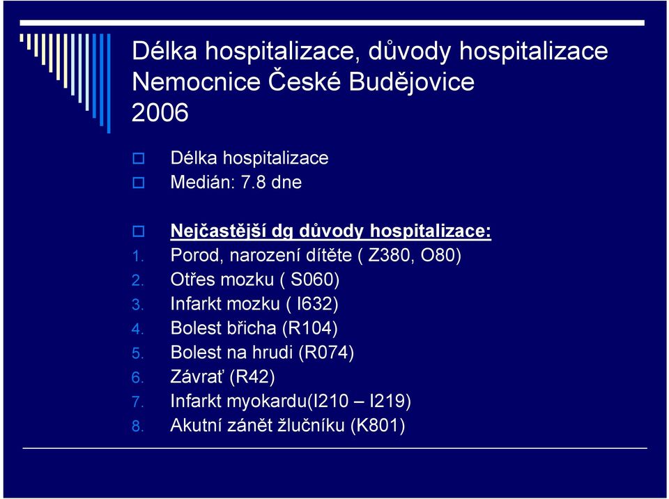 Porod, narození dítěte ( Z380, O80) 2. Otřes mozku ( S060) 3. Infarkt mozku ( I632) 4.