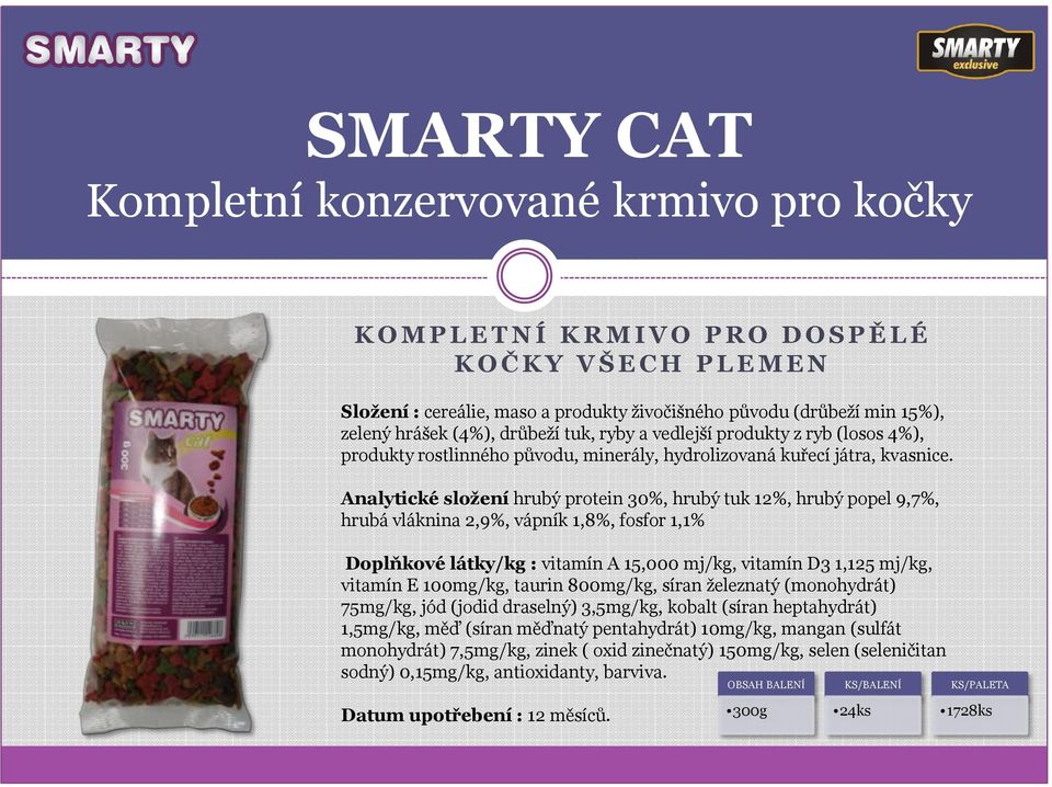Analytické složení hrubý protein 30%, hrubý tuk 12%, hrubý popel 9,7%, hrubá vláknina 2,9%, vápník 1,8%, fosfor 1,1% Doplňkové látky/kg : vitamín A 15,000 mj/kg, vitamín D3 1,125 mj/kg, vitamín E