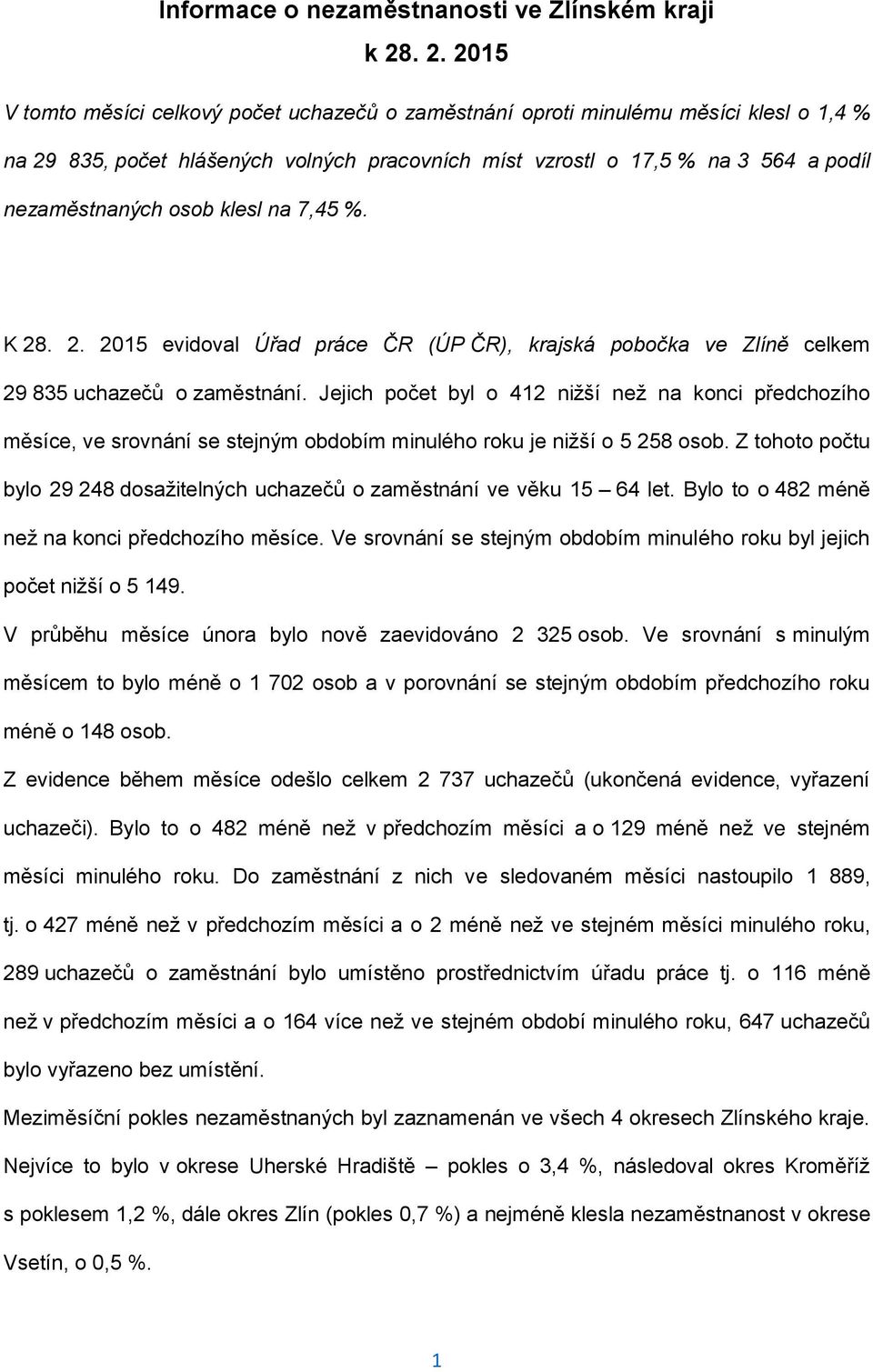 osob klesl na 7,45 %. K 28. 2. 2015 evidoval Úřad práce ČR (ÚP ČR), krajská pobočka ve Zlíně celkem 29 835 uchazečů o zaměstnání.