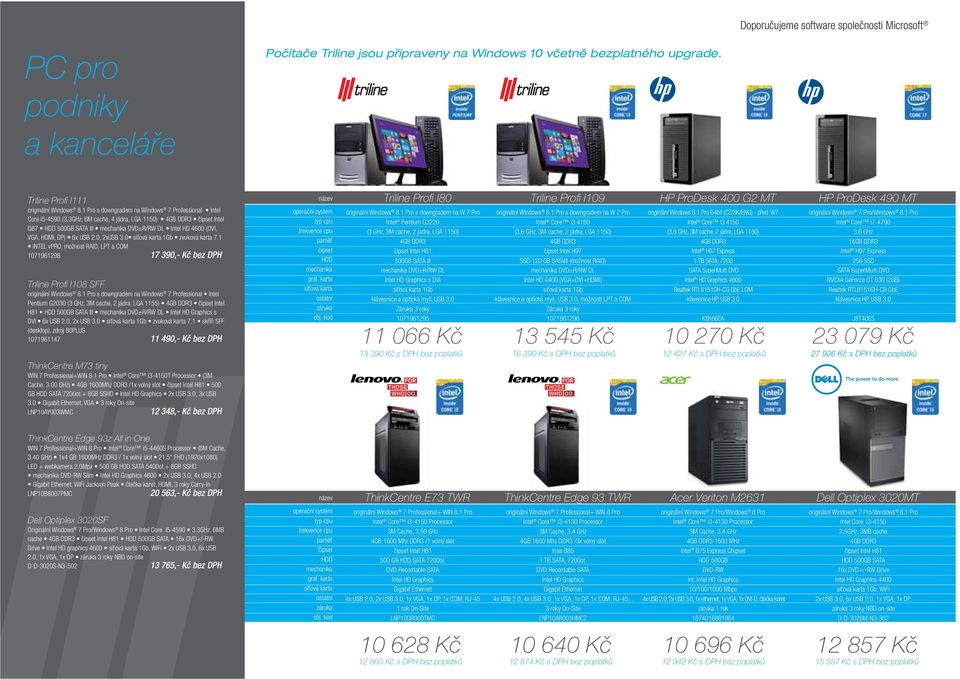 DP) 6x USB 2.0, 2xUSB 3.0 síťová karta 1Gb zvuková karta 7.1 INTEL vpro, možnost RAID, LPT a COM 1071961298 17 390,- Kč bez DPH Triline Profi I108 SFF originální Windows 8.