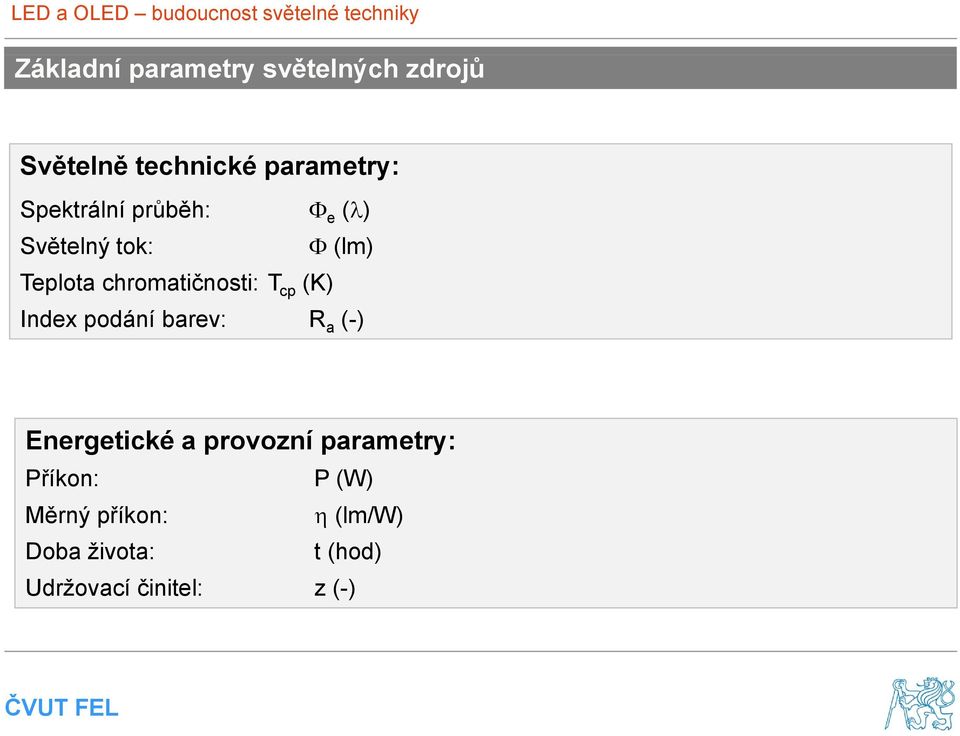 cp (K) Index podání barev: R a (-) Energetické a provozní parametry: