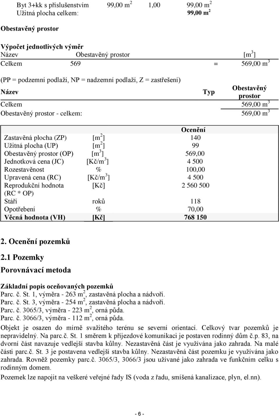 ] 99 Obestavěný prostor (OP) [m 3 ] 569,00 Jednotková cena (JC) [Kč/m 3 ] 4 500 Rozestavěnost % 100,00 Upravená cena (RC) [Kč/m 3 ] 4 500 Reprodukční hodnota [Kč] 2 560 500 (RC * OP) Stáří roků 118
